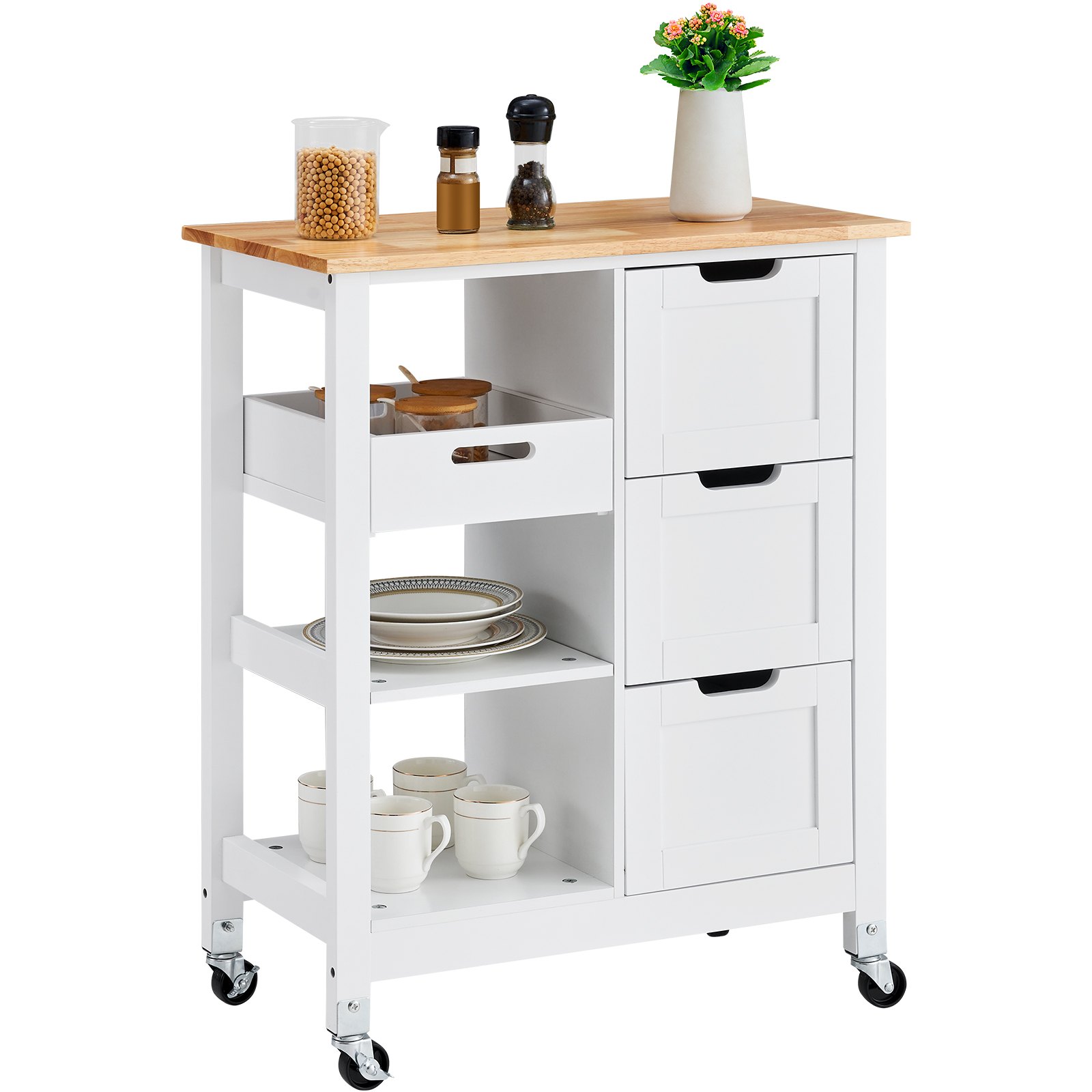 Rolling Portable Small Kitchen Island Cart on Wheels with Solid Wood Top, Dining Room Serving Utility Carts Mobile Movable with 3 Drawers and Storage Shelves Cabinet, White 