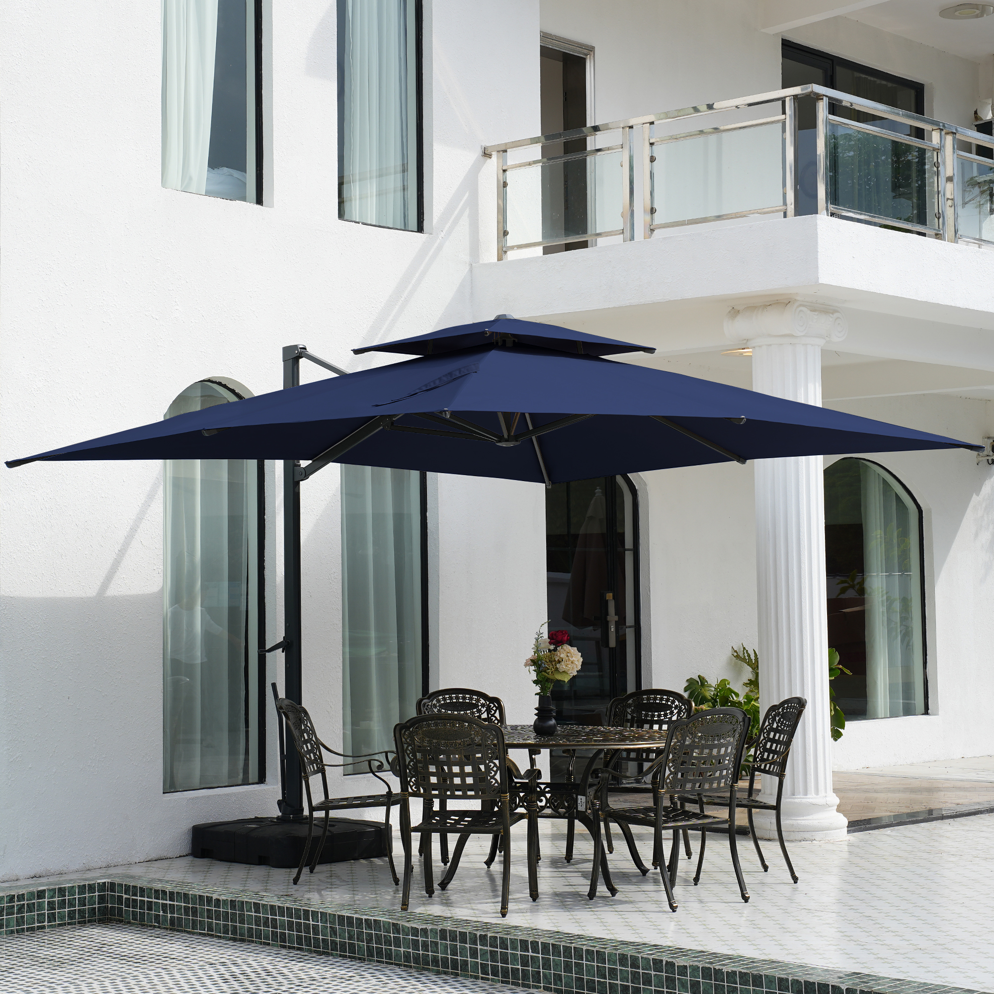 Aluminum Cantilever Patio Umbrella with Tilt Function, Removable Light Bar, and Base Included
