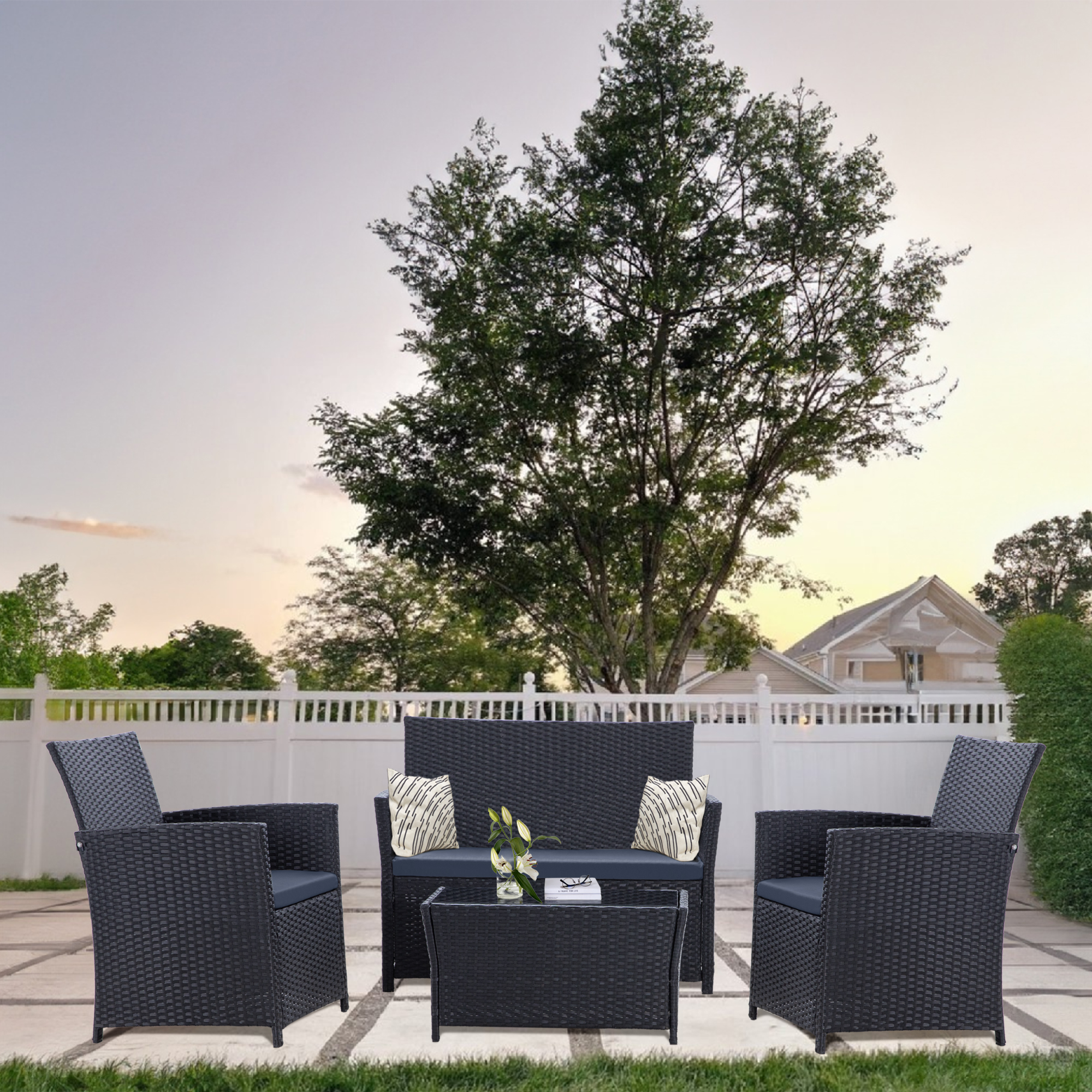 4-Piece PE Rattan Patio Furniture Set – Double Sofa, 2 Armchairs, Coffee Table with Cushions, Weather-Resistant Outdoor Conversation Set, Brown-Blue/Gray/Black-Gray/Black-Blue