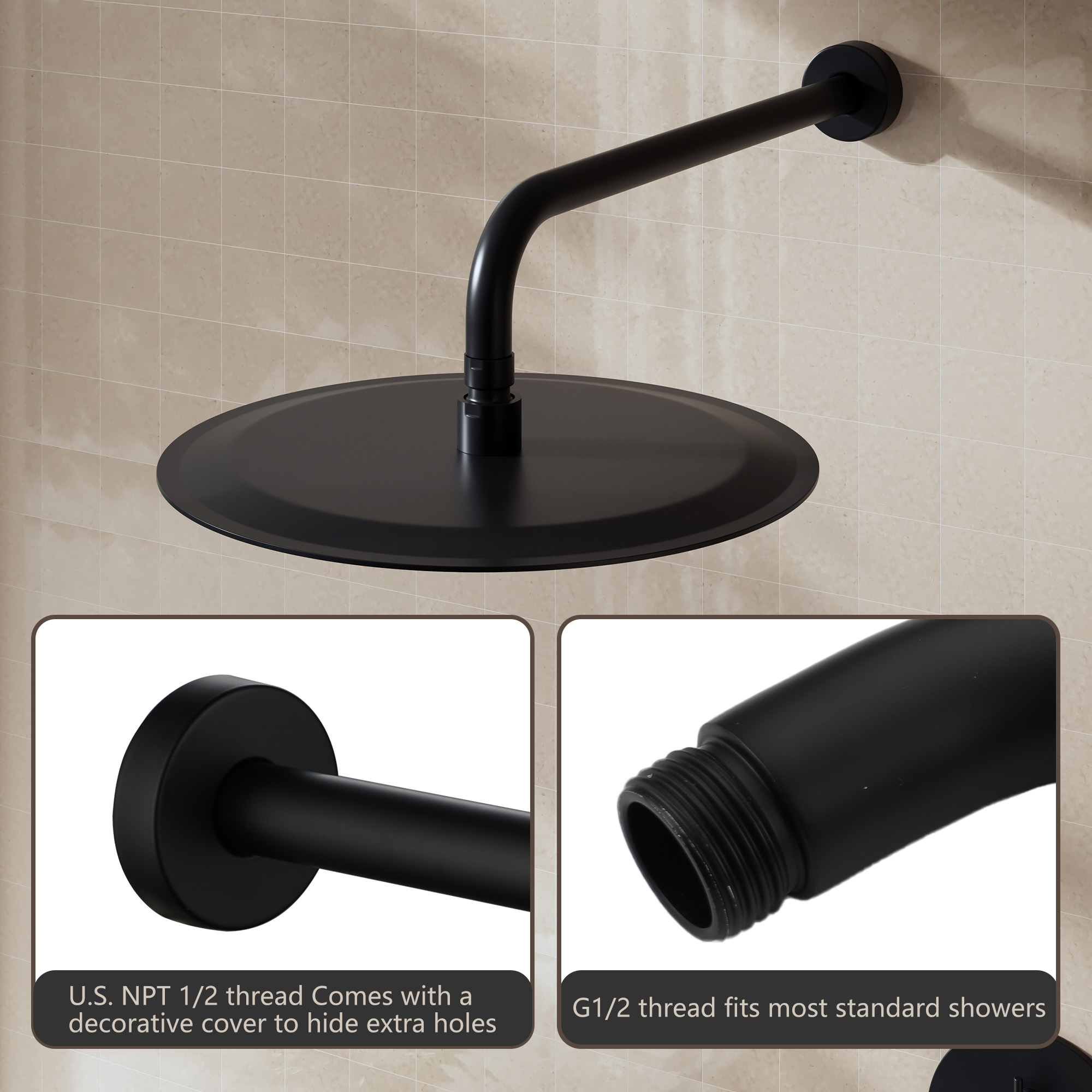15.75" Stainless Steel Wall Mounted Round Shower Arm with Flange for Rain Shower Head in Matte Black/Brushed Nickel