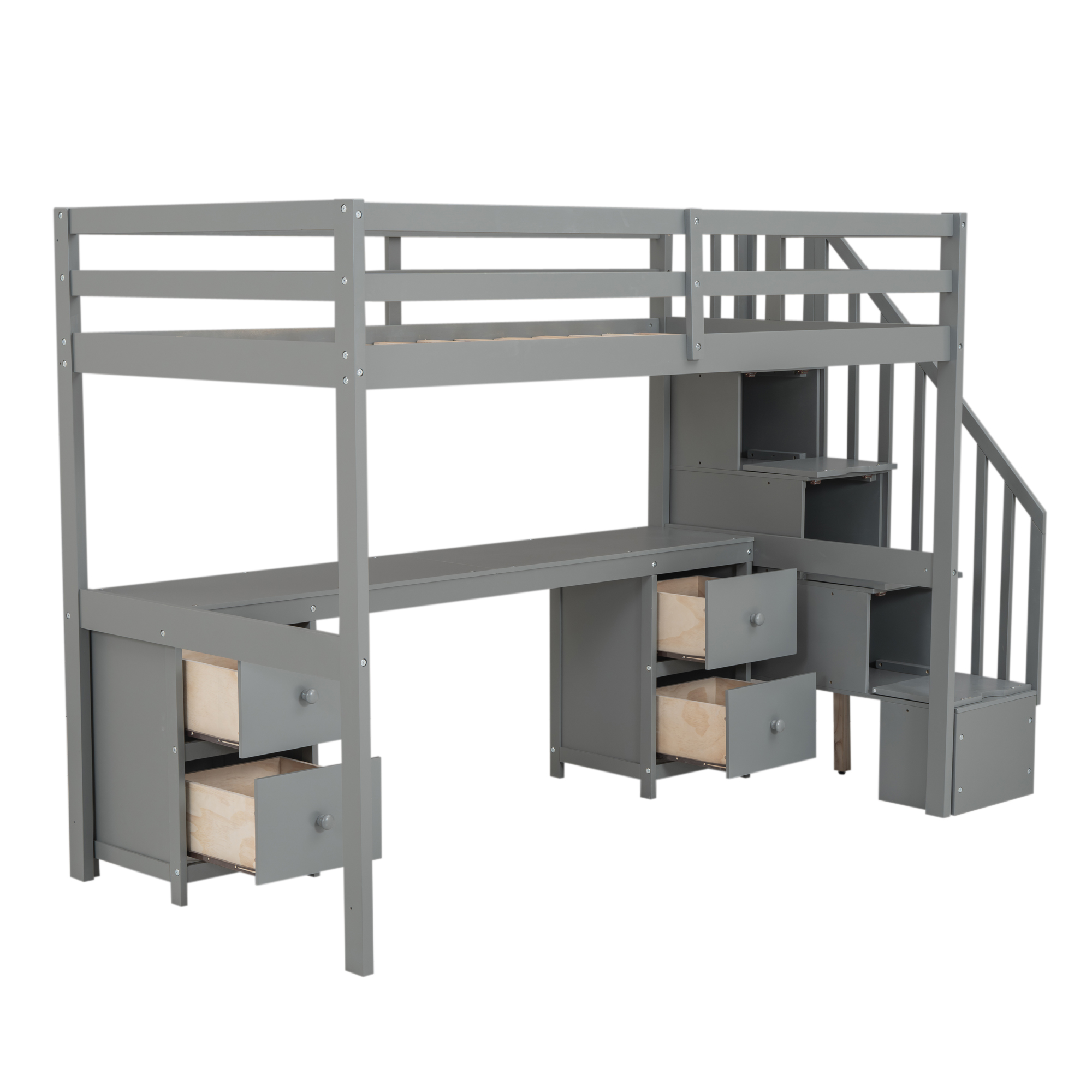 Twin Size Loft Bed Frame with Built-in Desk and Double Storage Drawers,White/Gray