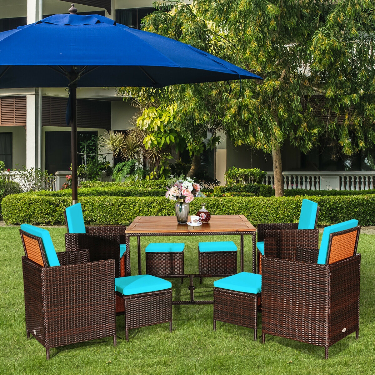 Mondawe 9PCS Patio Rattan Dining Cushioned Chairs Set-Turquoise-Mondawe