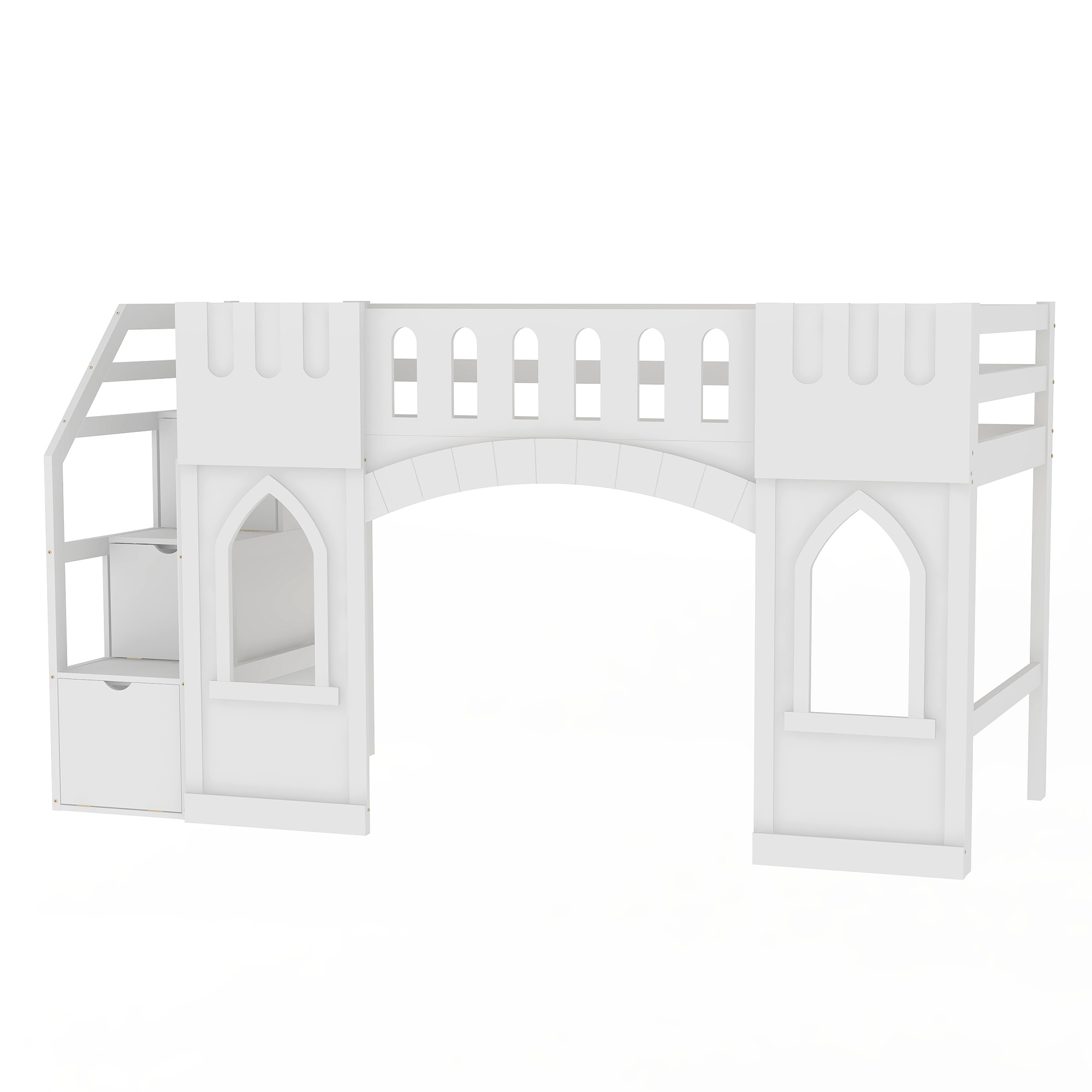 Twin Size Loft Bed with Storage Staircase and Window, White/Pink