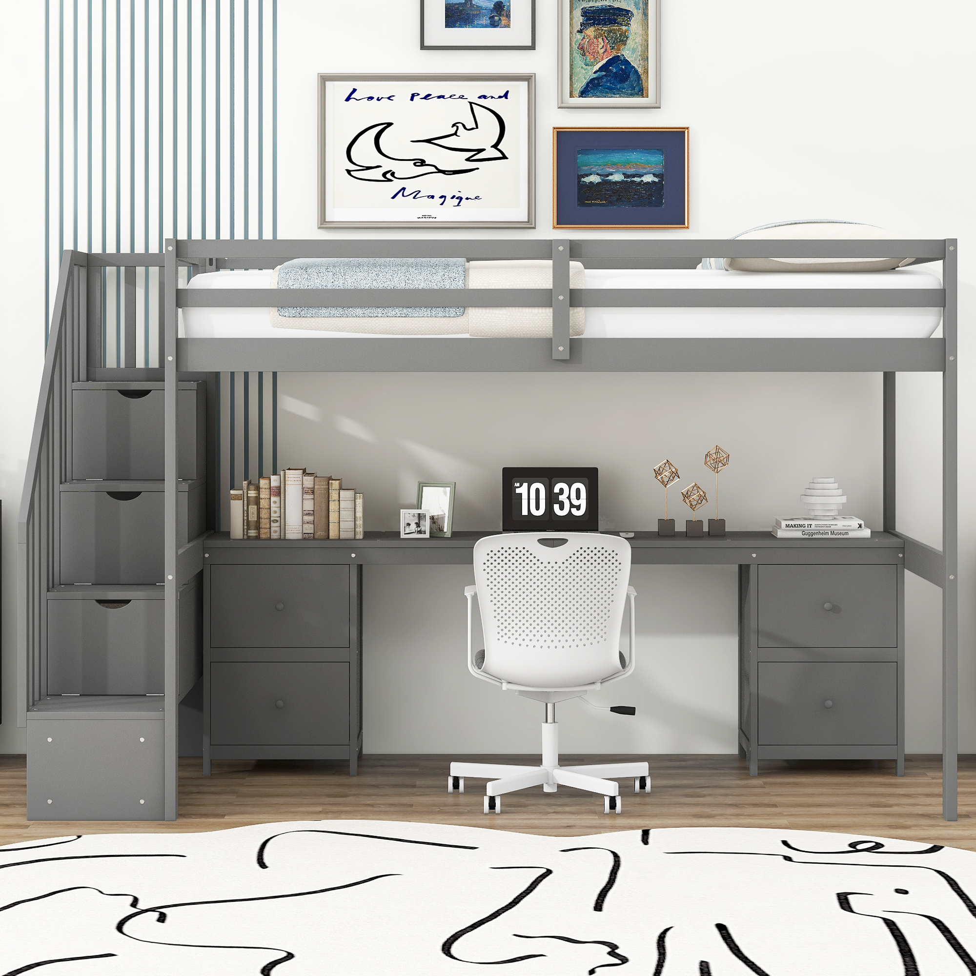 Twin Size Loft Bed Frame with Built-in Desk and Double Storage Drawers,White/Gray
