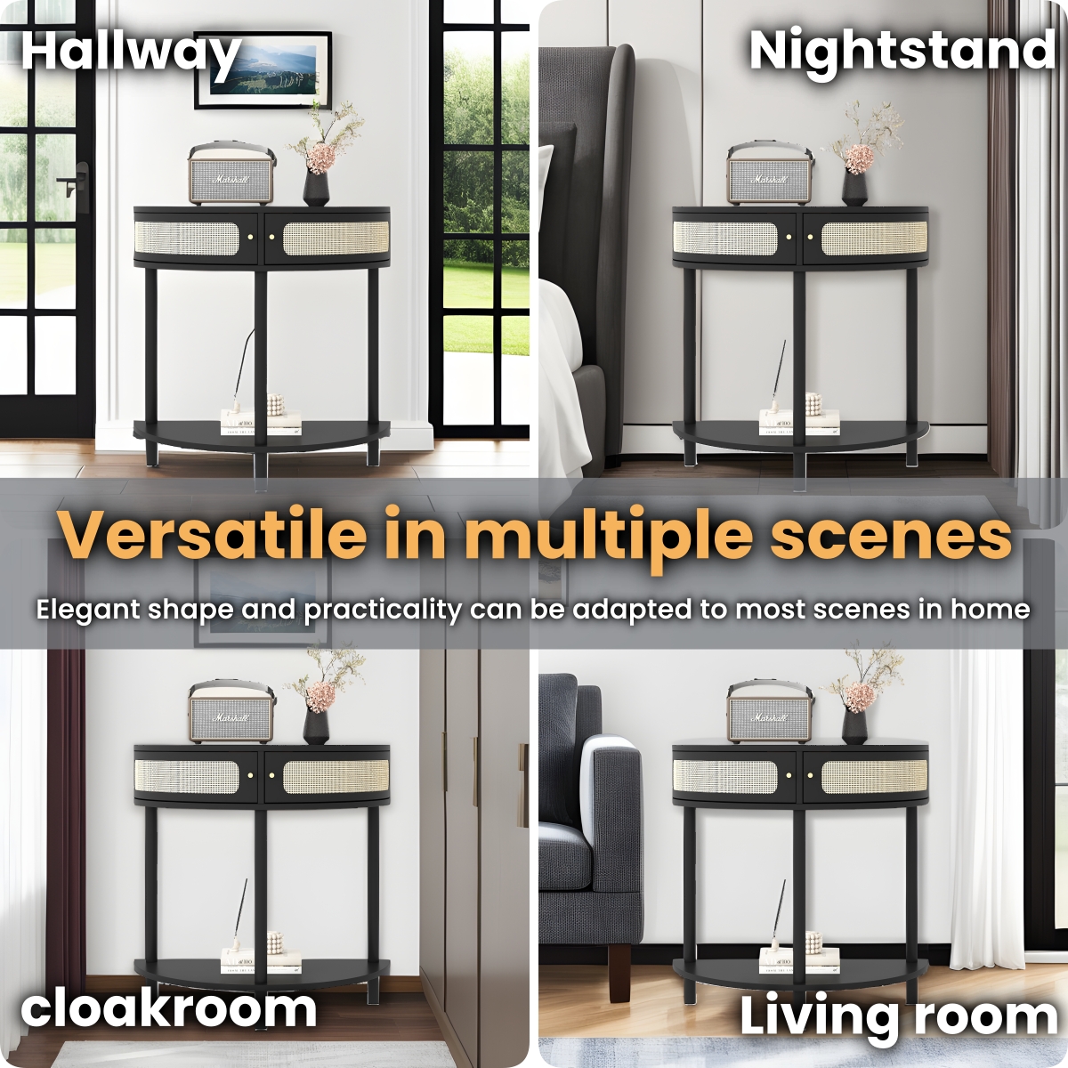 Unique Half Moon Design End Table with Sliding Rattan Door,Elegant Semi-circle Entryway Console Table with 2 Rattan Storage Cabinet and Bottom Shelf for Living room, Bedroom, Study, Hallway 