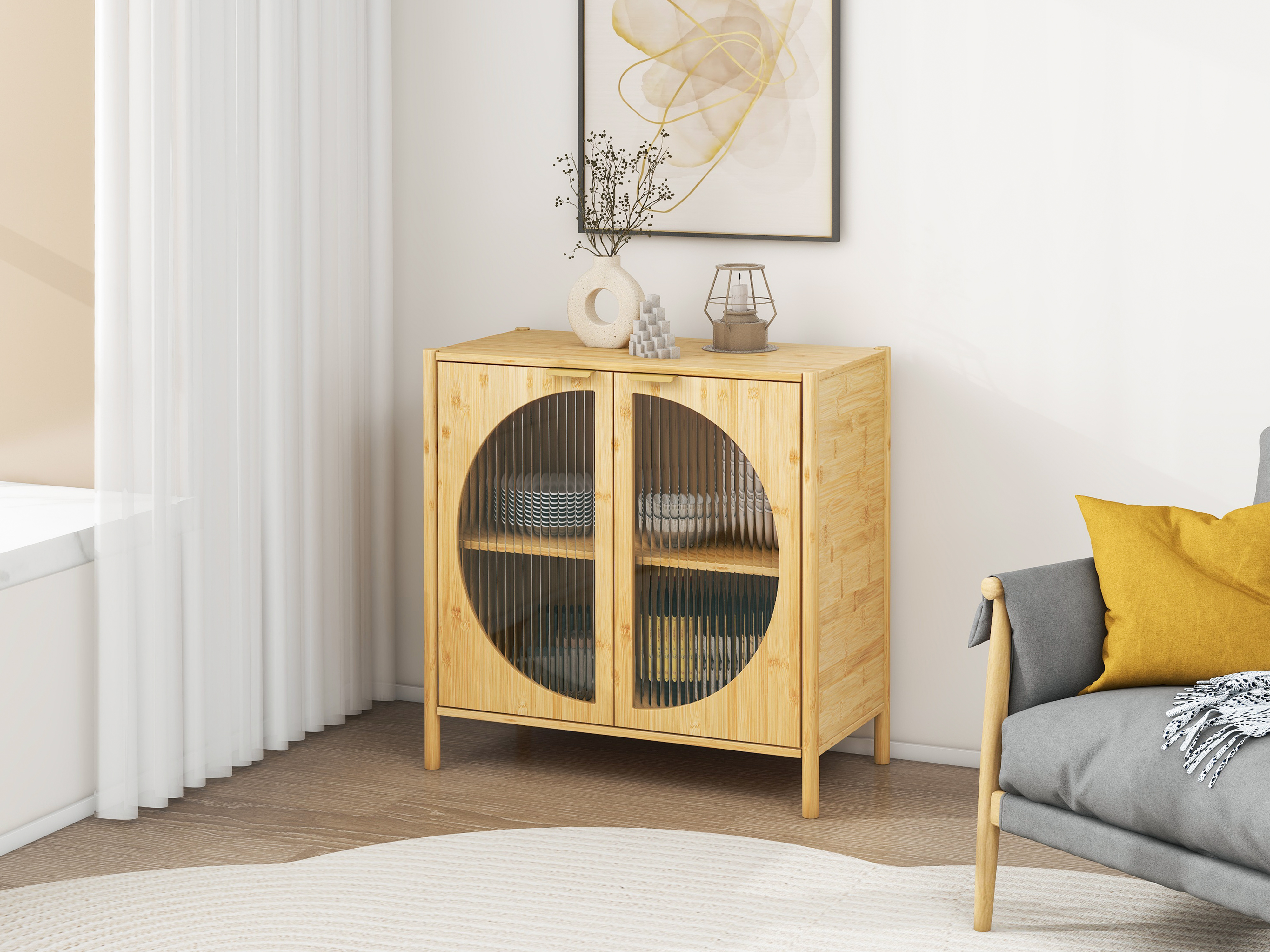 Bamboo 2 door cabinet, Buffet Sideboard Storage Cabinet, Buffet Server Console Table, for Dining Room, Living Room, Kitchen, Hallway 