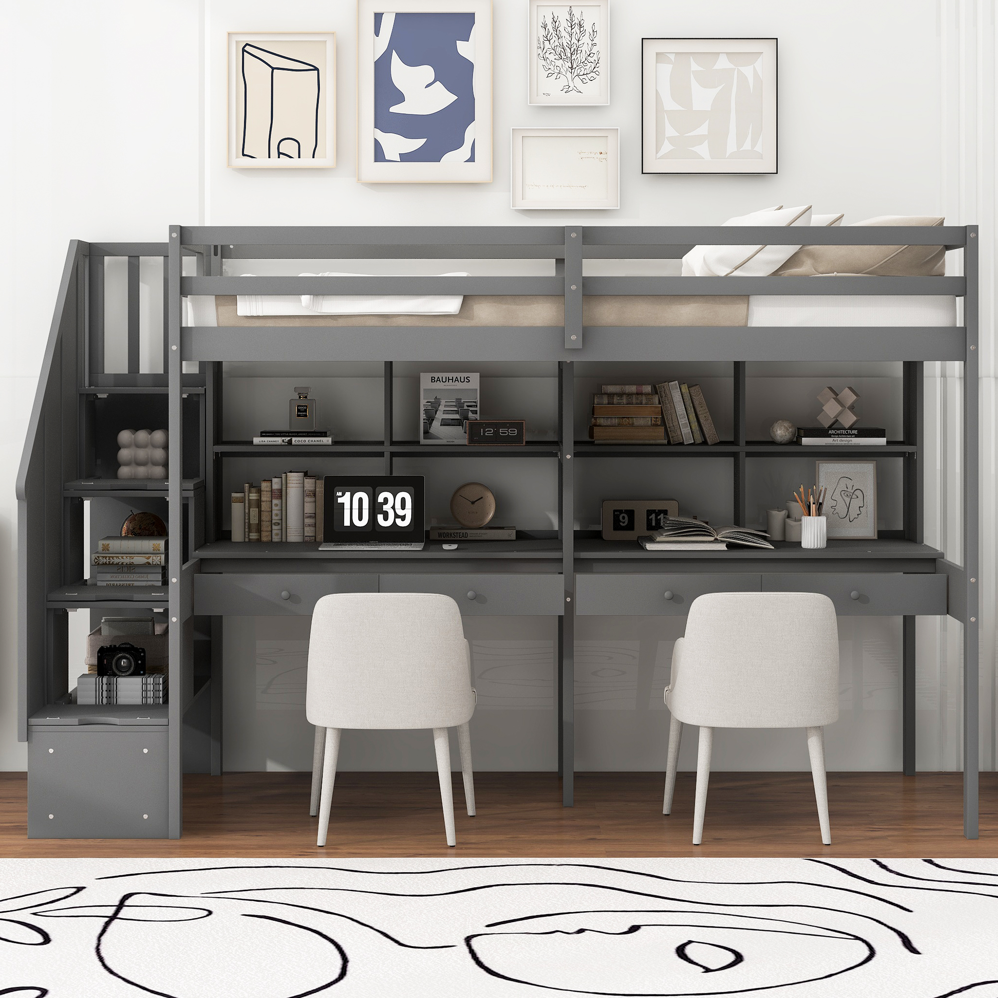 Twin Size Loft Bed Frame with Storage Staircase and Double Desks and Shelves,Gray/White