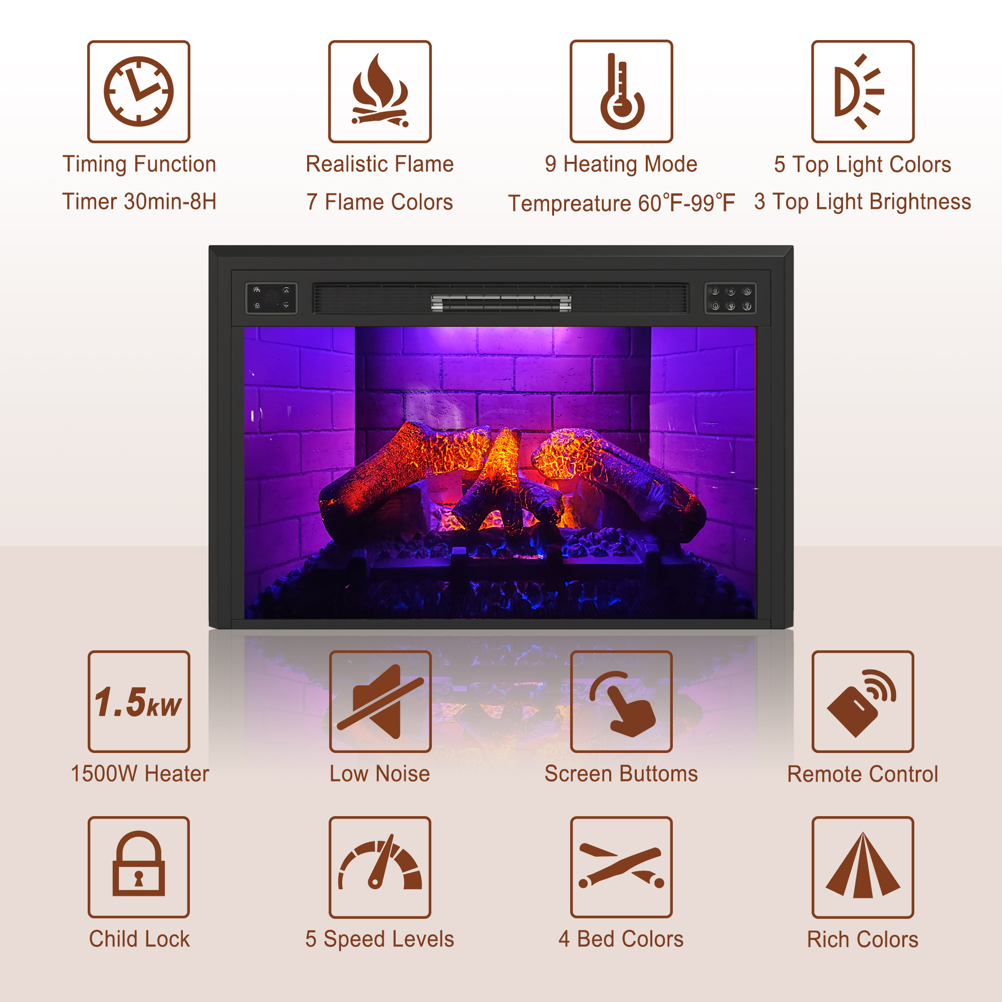 Mondawe 35 in. 5120 BTU Recessed Electric Fireplace with Remote Control & Double Overheat Protection-Mondawe