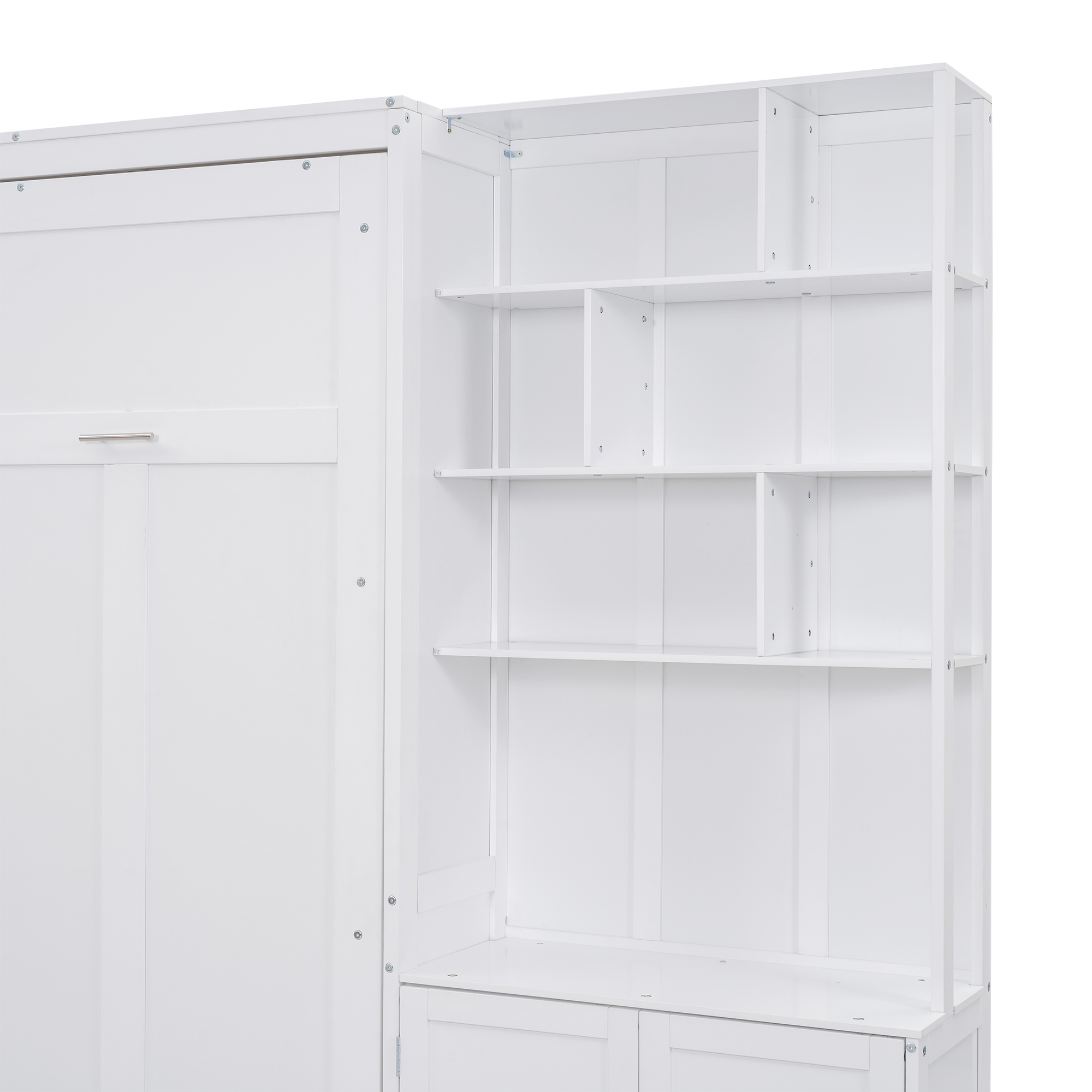 Full Size Murphy Bed with Multiple Storage Shelves and A Cabinet, White 