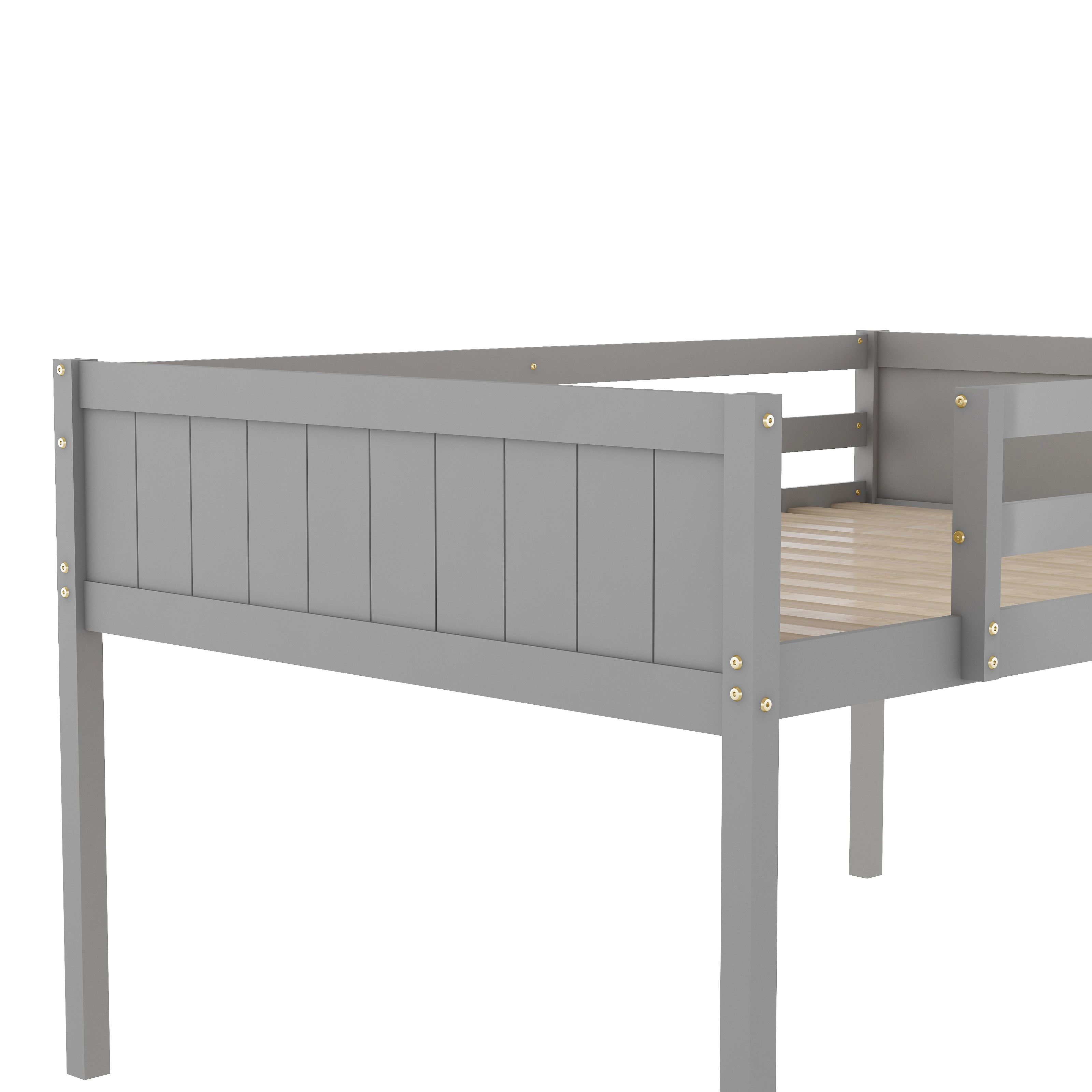 Full Size Wood Low Loft Bed with Ladder, ladder can be placed on the left or right, Gray/White
