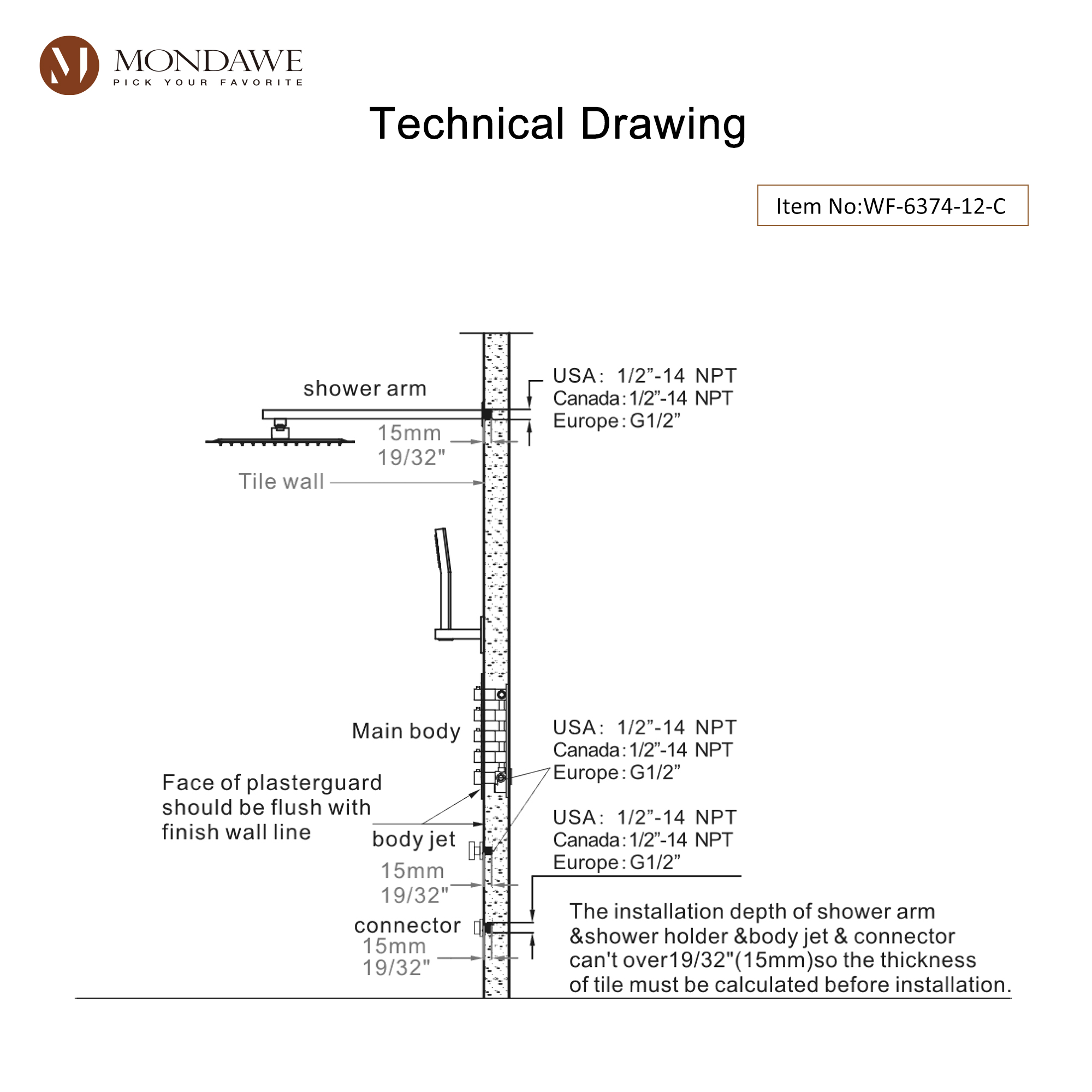 Mondawe Luxury Wall Mount Rain Shower Head with 6 Shower Jet and LED 3-Spray Patterns Thermostatic 12 in. -Mondawe