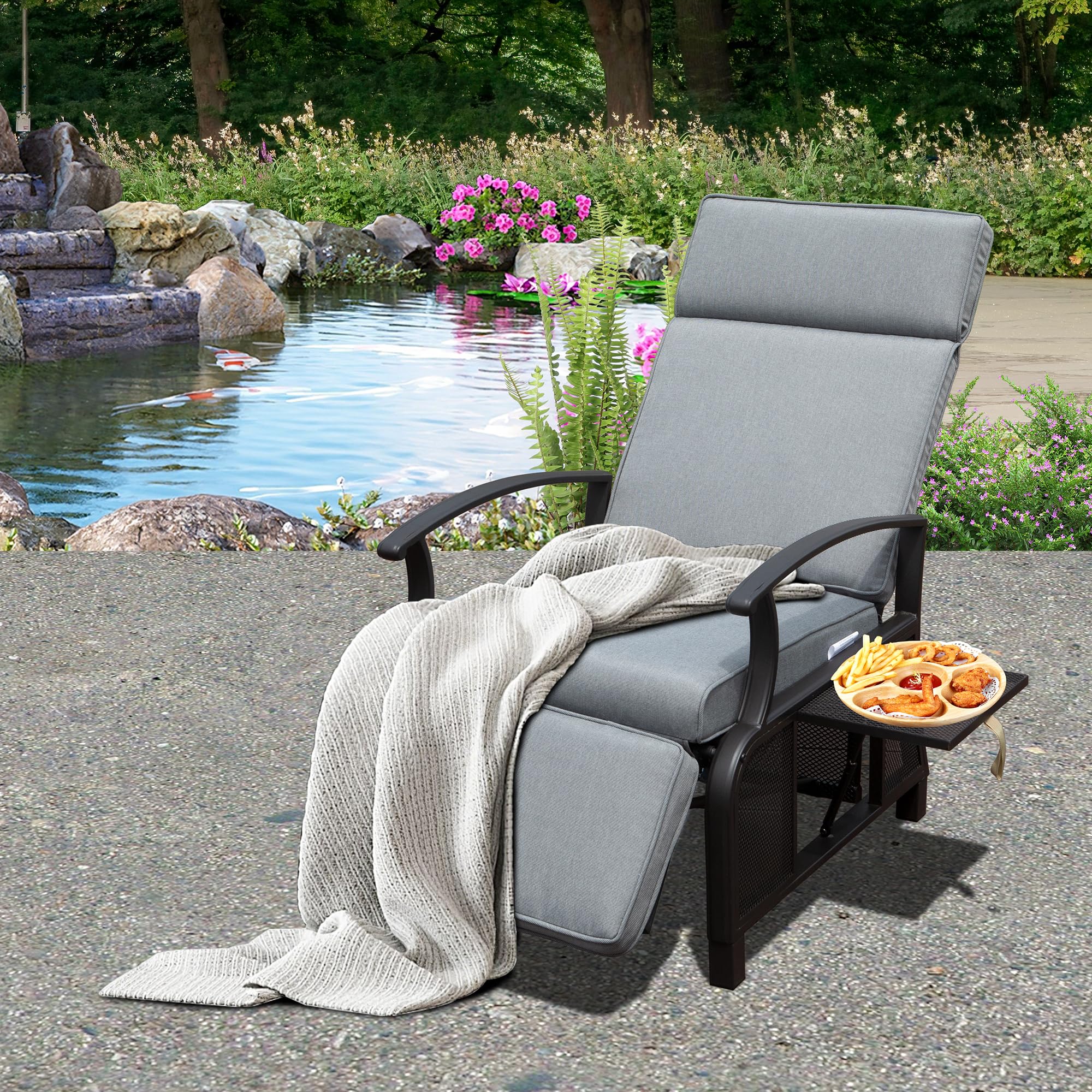 Adjustable Patio Recliner Chair Metal Outdoor Lounge Chair with Flip Table Push Back, Adjustable Angle, 6.8'' Removable Cushions, Support 350lbs, Beige/Gray/Navy Blue