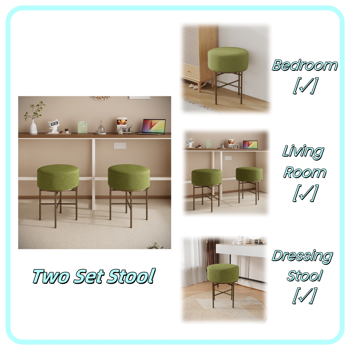 2 pcs Round Cushioned Vanity Stool, Linen Upholstered Vanity Stool for Makeup Room, Modern Soft Stool for Bar and Dining, Ottoman Footrest Stool with Metal Legs for Living Room, Bedroom(Matcha Green/Black) 