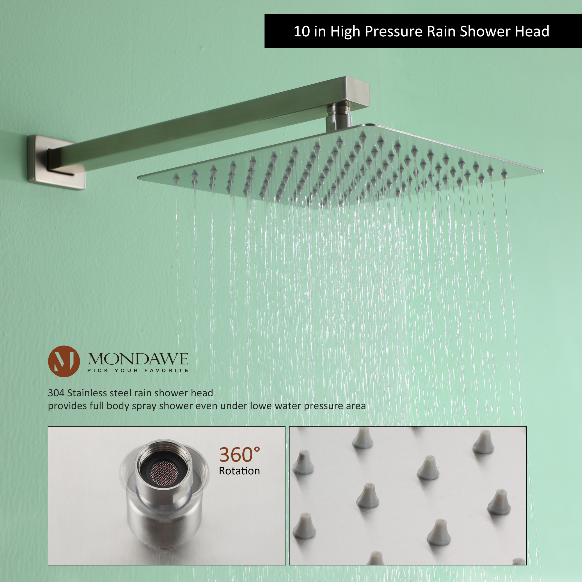 Mondawe Three function Pressure Balance Shower Set with 10 in Shower Head(5 color, Valve Included)-Mondawe