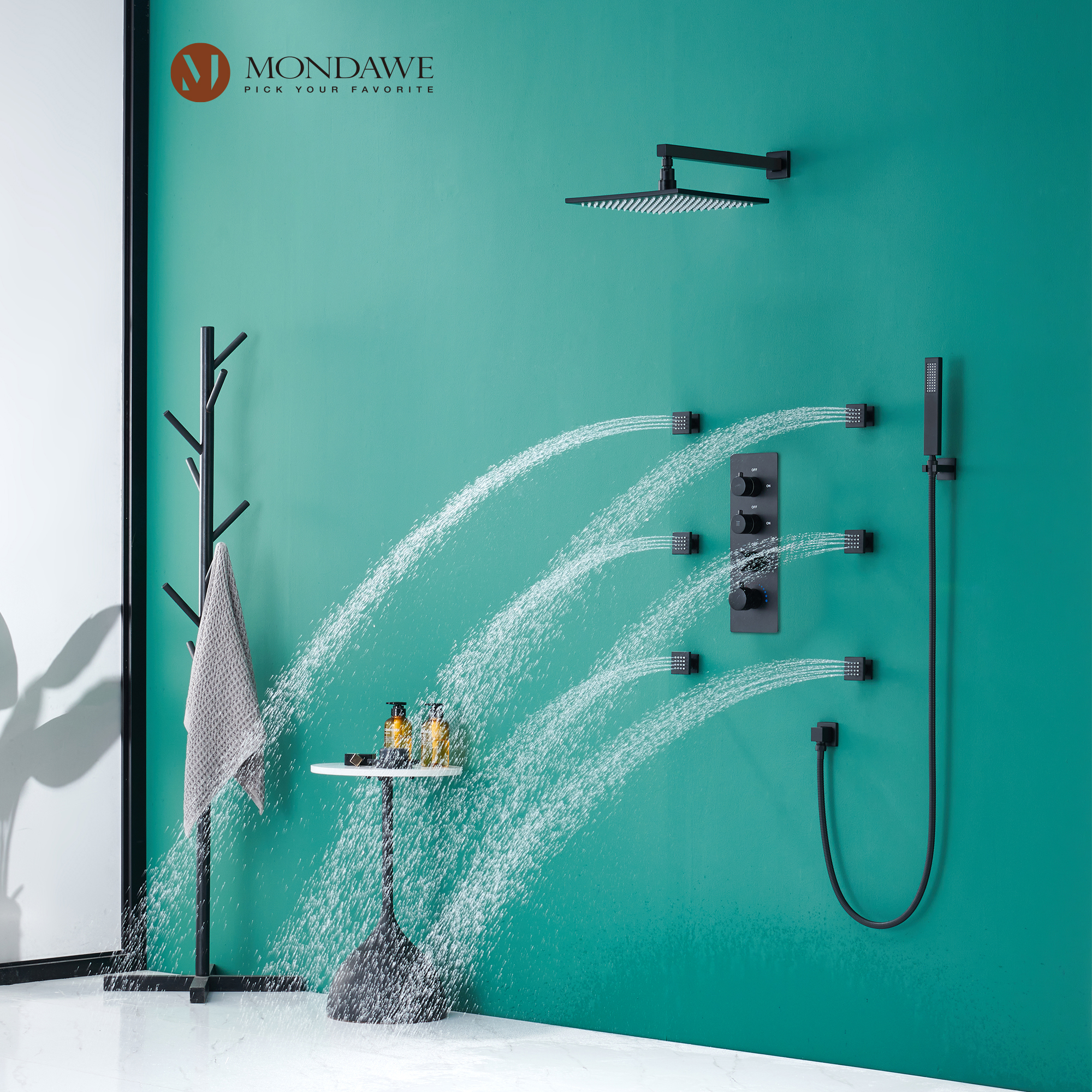 Mondawe Luxury Wall Mount Rain Shower Head with 6 Shower Jet and LED 3-Spray Patterns Thermostatic 12 in. -Mondawe