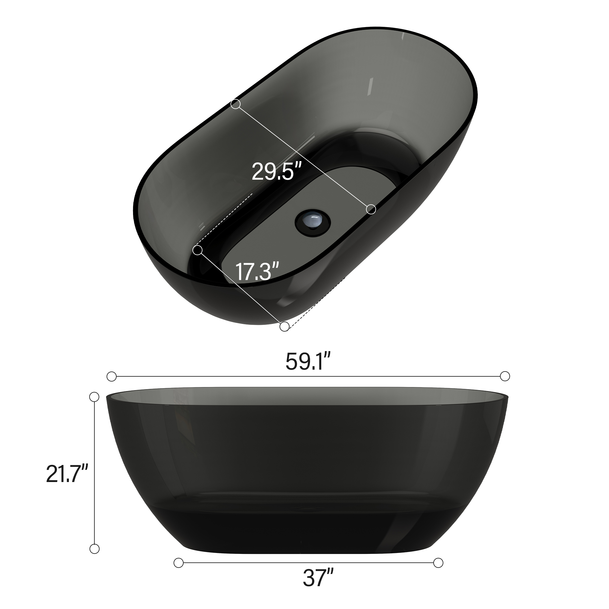  59" Resin Freestanding Bathtub Transparent Soaking Tub Modern Oval Design Stand Alone Tub with Pop-up Drain and Overflow,Black & Grey/Coffee/Purple/Blue