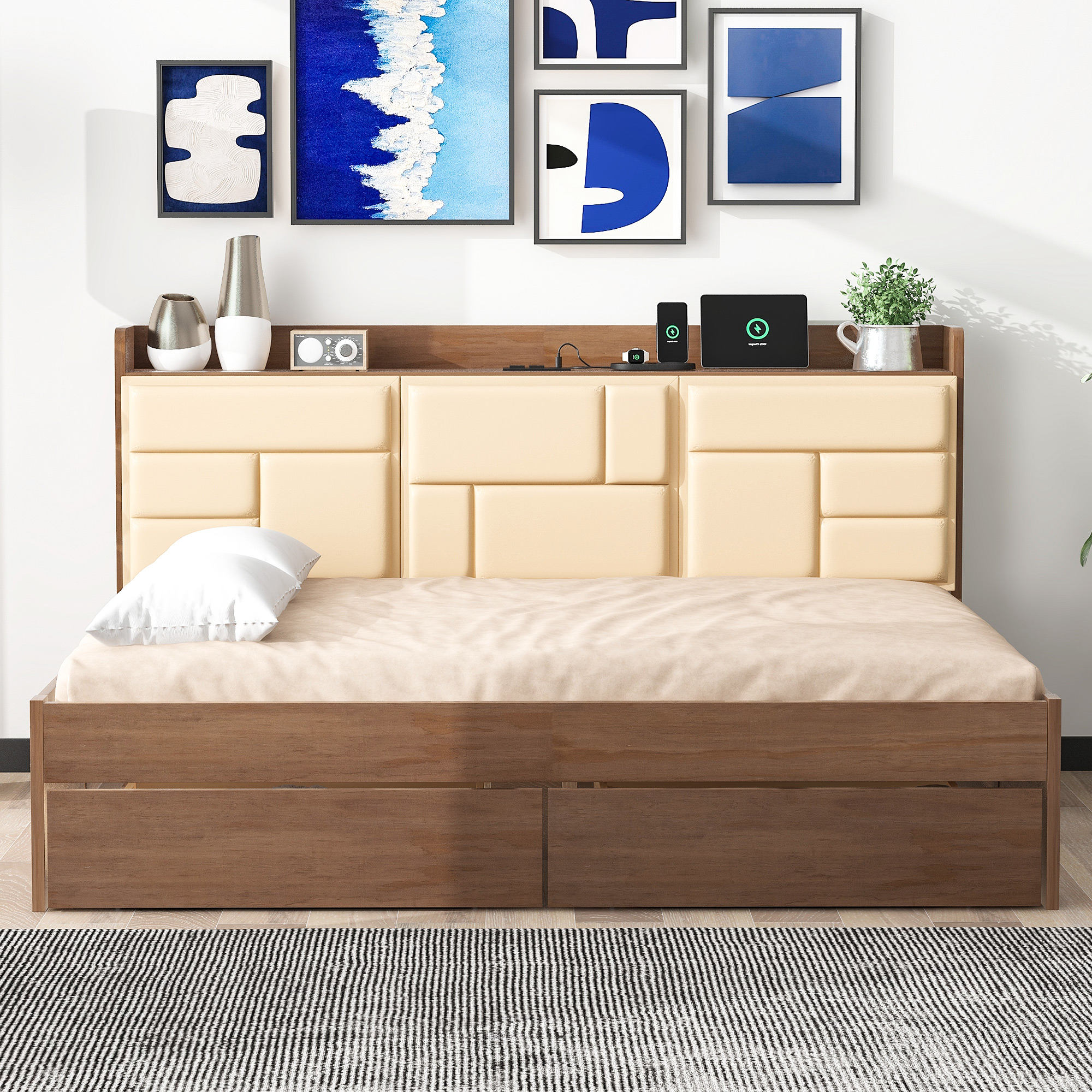 Full/Twin Size Wood Daybed with Upholstered Storage Shelves, USB Ports and 2 Drawers, Wood Color 