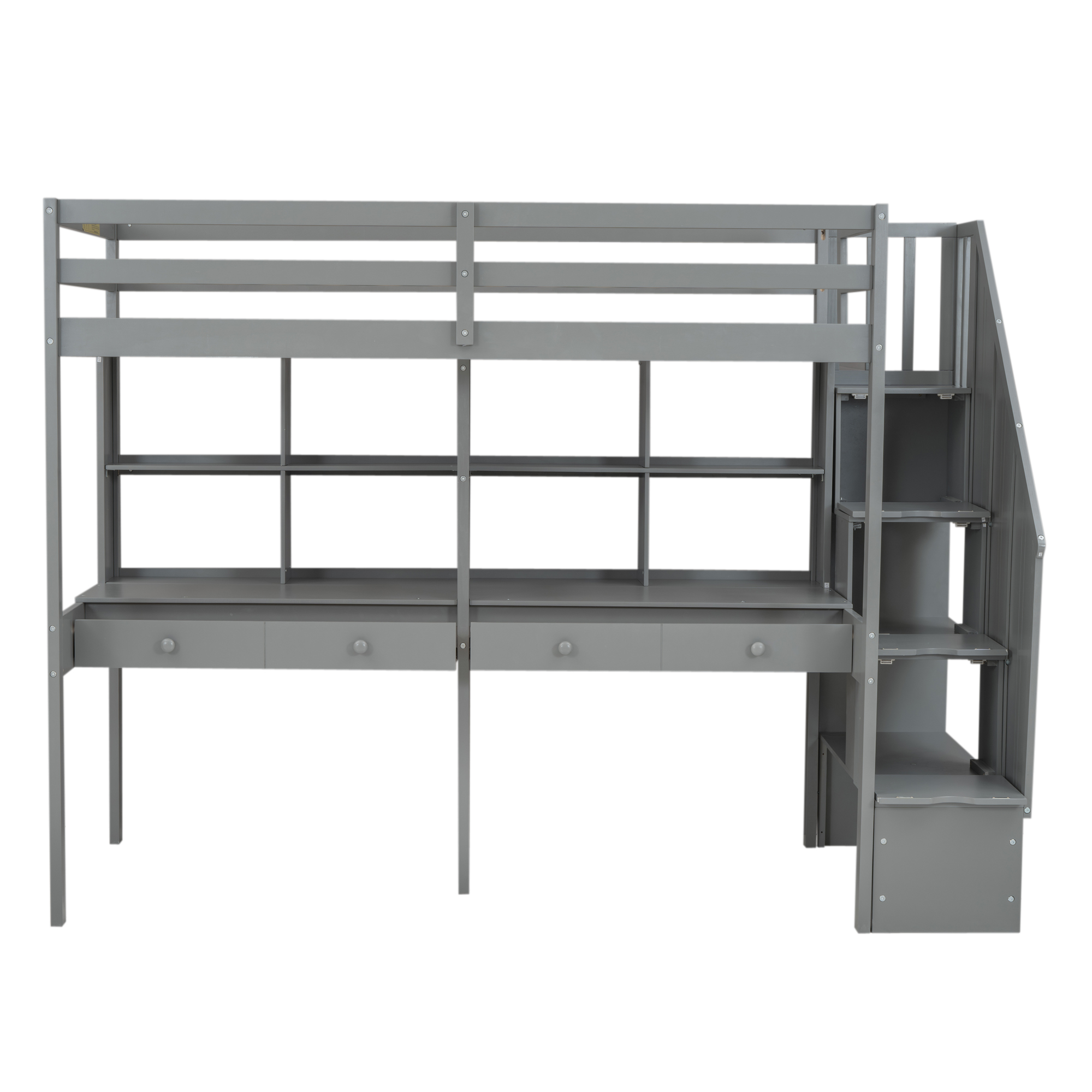 Twin Size Loft Bed Frame with Storage Staircase and Double Desks and Shelves,Gray/White