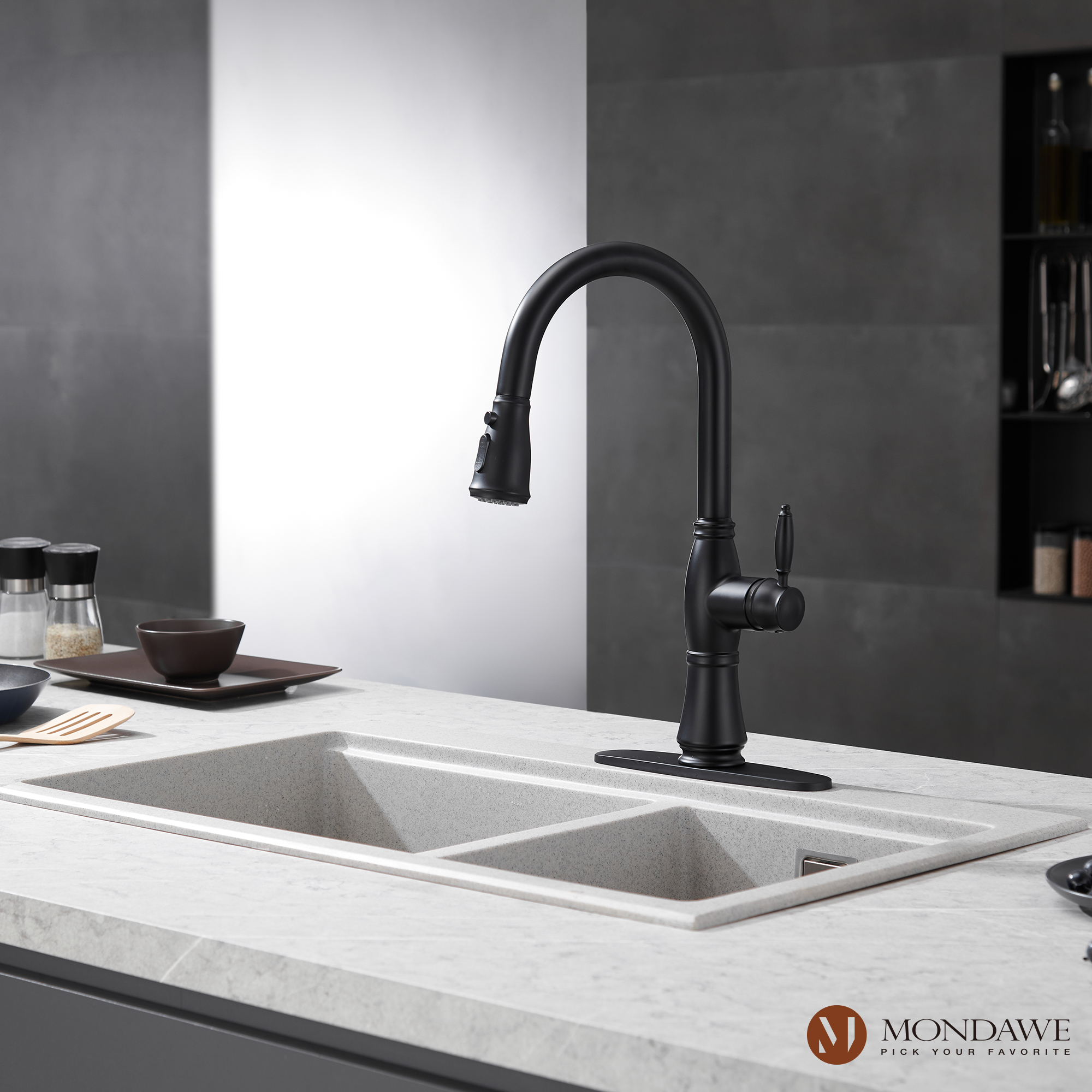 Mondawe Retro Tulip High Arc Pull Down Single Handle Deck Mount Kitchen Faucet-Mondawe