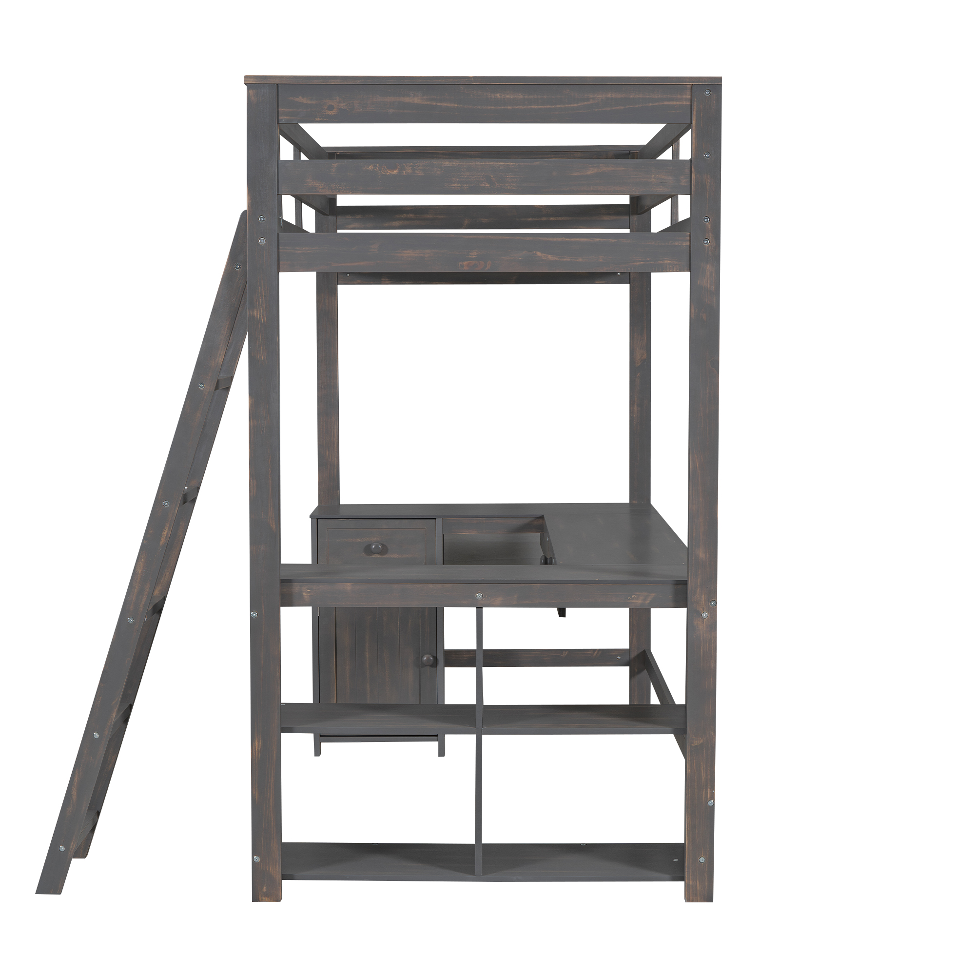 Full/Twin Size Loft Bed with U-shaped Desk, Drawers and Storage Shelves, White/Antique Brown 