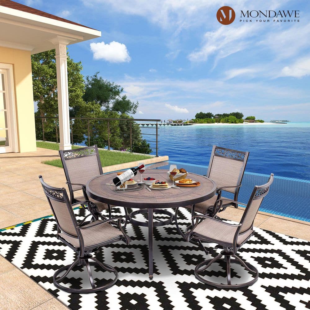 Dark Gold Round Aluminum 28 in. H Faux Wood Top Outdoor Patio Dining Table with Umbrella Hole-Boyelliving