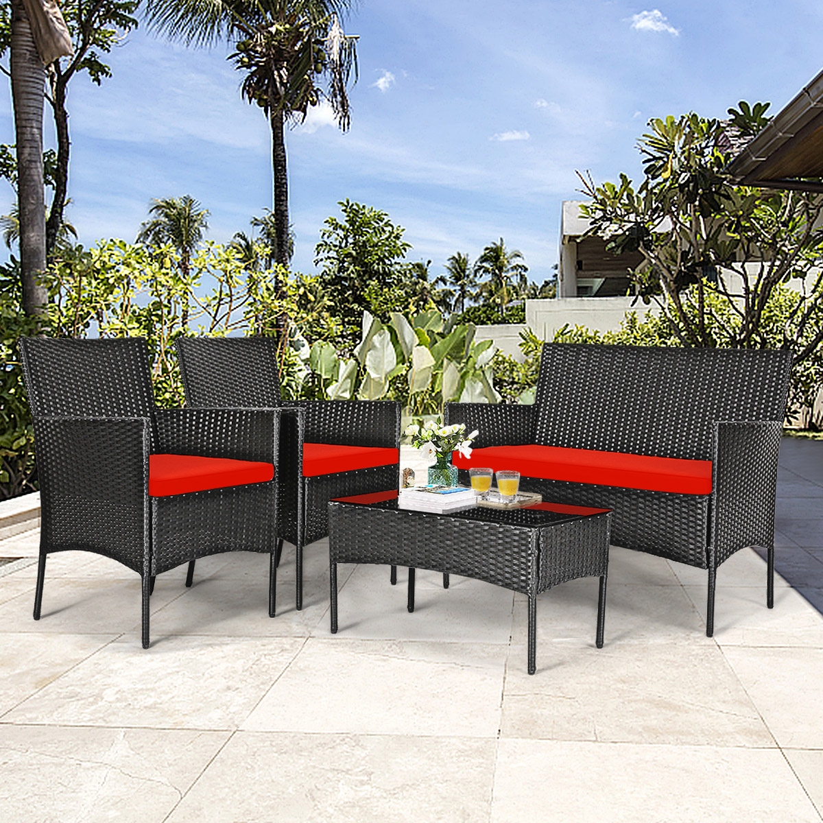 Mondawe 4 Pcs Patio Rattan Cushioned Sofa Furniture Set with Tempered Glass Coffee Table-White/Red/Turquoise-Mondawe