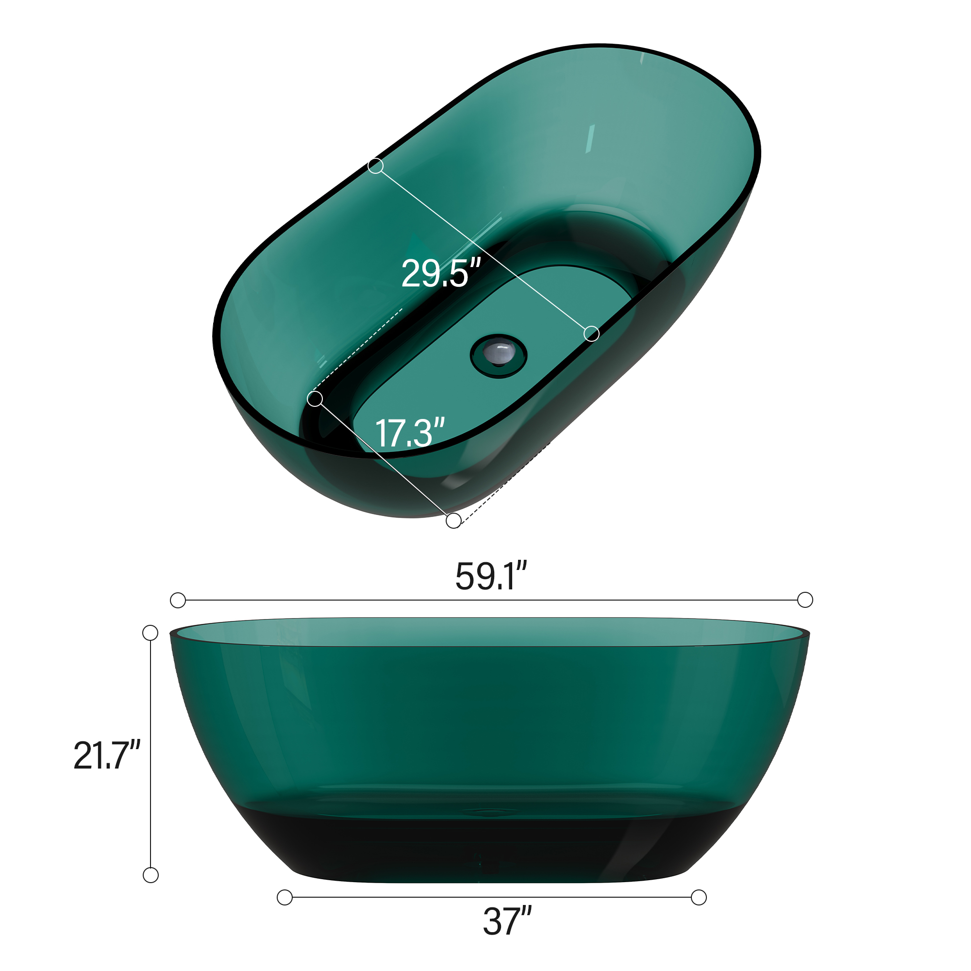  59" Resin Freestanding Bathtub Transparent Soaking Tub Modern Oval Design Stand Alone Tub with Pop-up Drain and Overflow,Black & Grey/Coffee/Purple/Blue