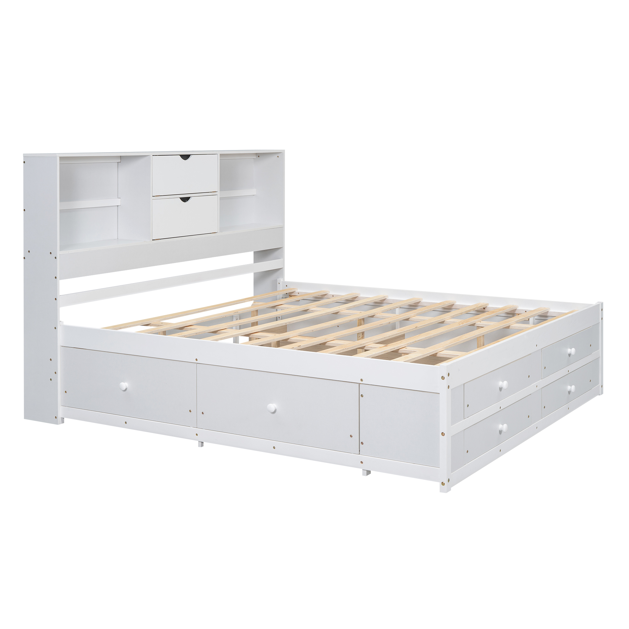 Queen/King Size Platform Bed with Storage Headboard and 8 Drawers, White/Gray