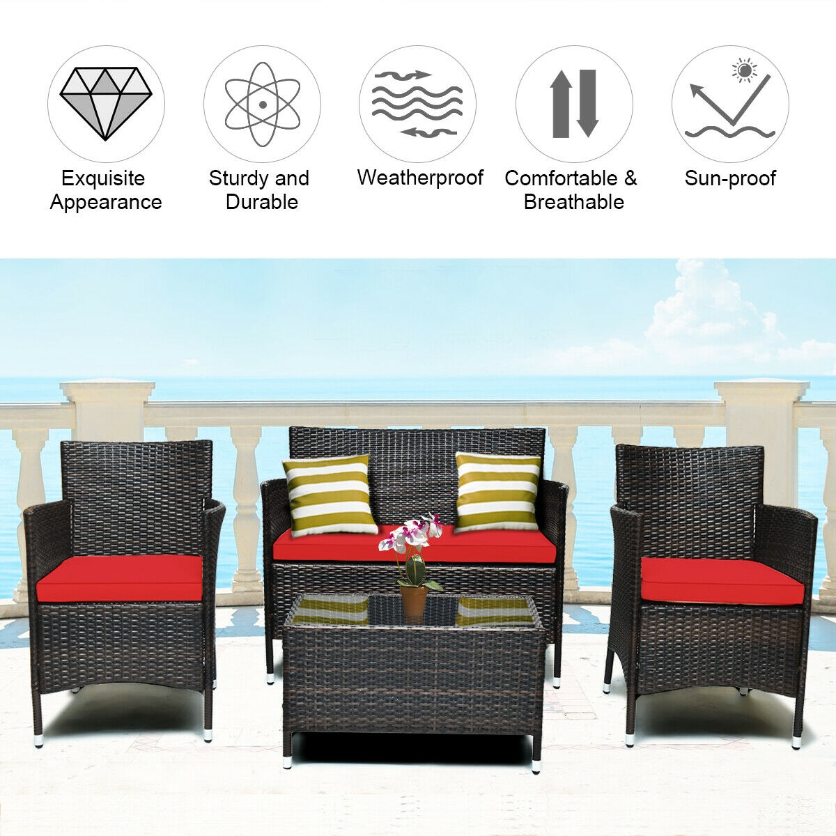 Mondawe 4 Pieces Rattan Outdoor Patio Conversation Furniture Set with Glass Table and Comfortable Wicker Sectional Sofa-Mondawe