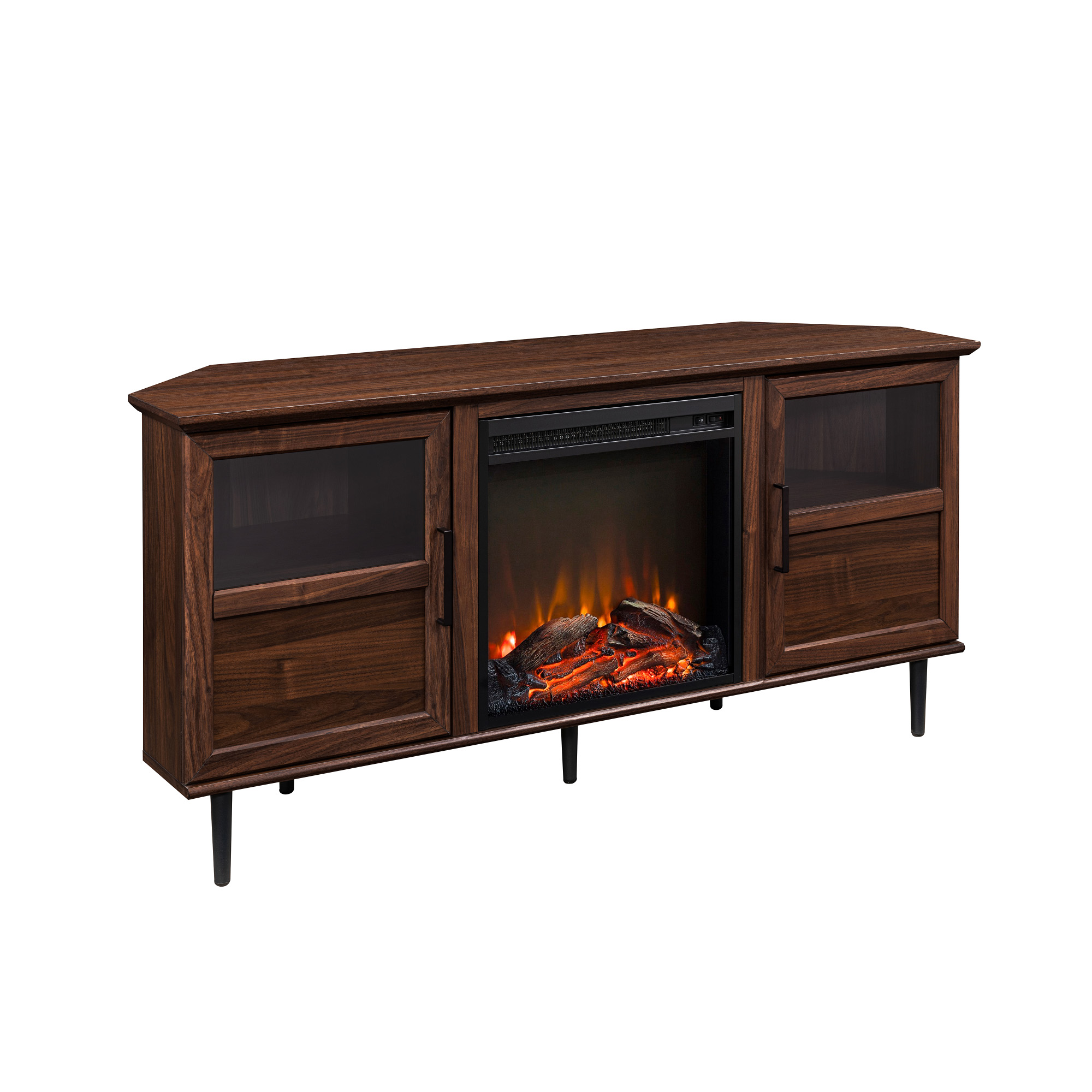 Modern Angled-Side Fireplace Corner TV Stand for TVs up to 10015” – Dark Walnut 