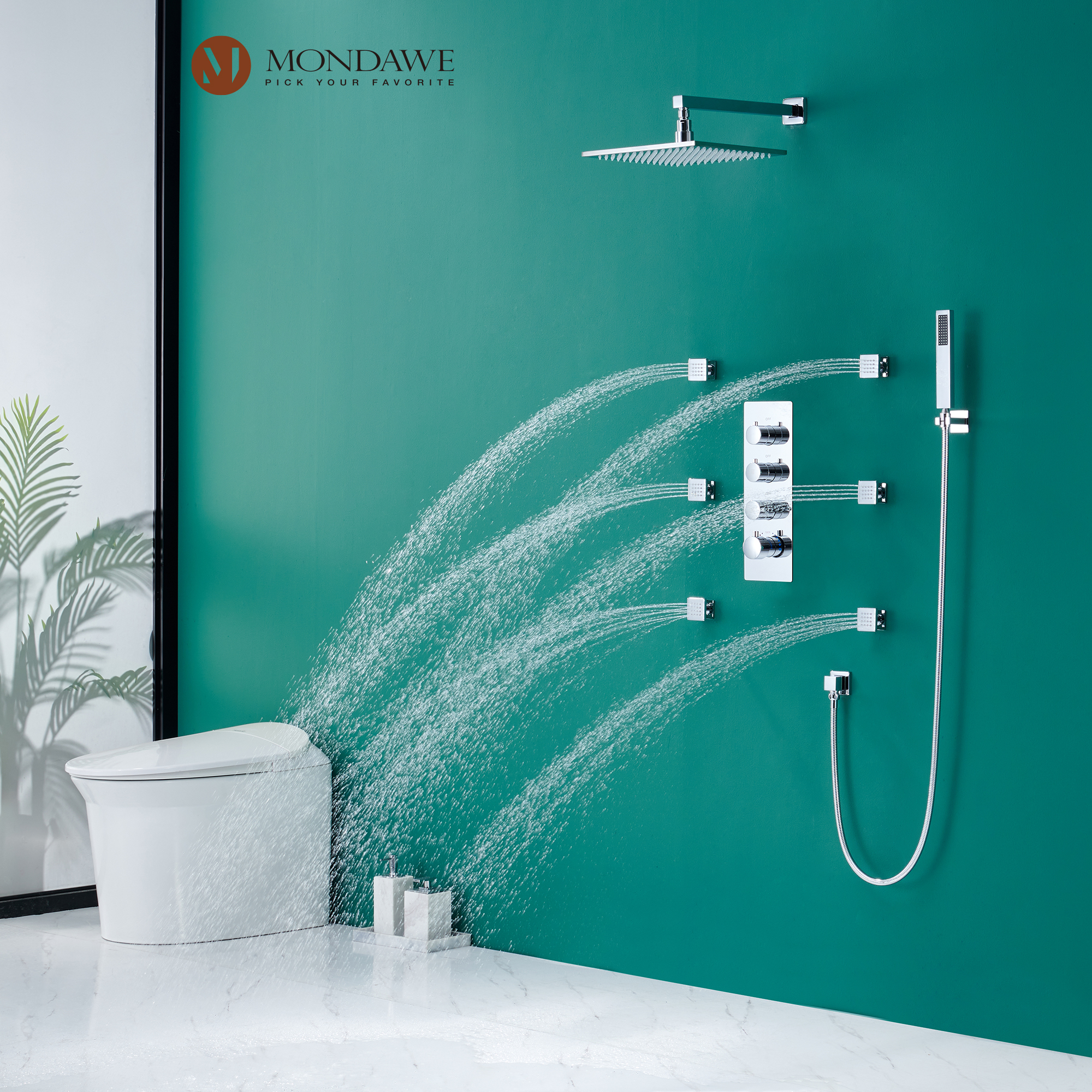 Mondawe Luxury Wall Mount Rain Shower Head with 6 Shower Jet and LED 3-Spray Patterns Thermostatic 12 in. -Mondawe