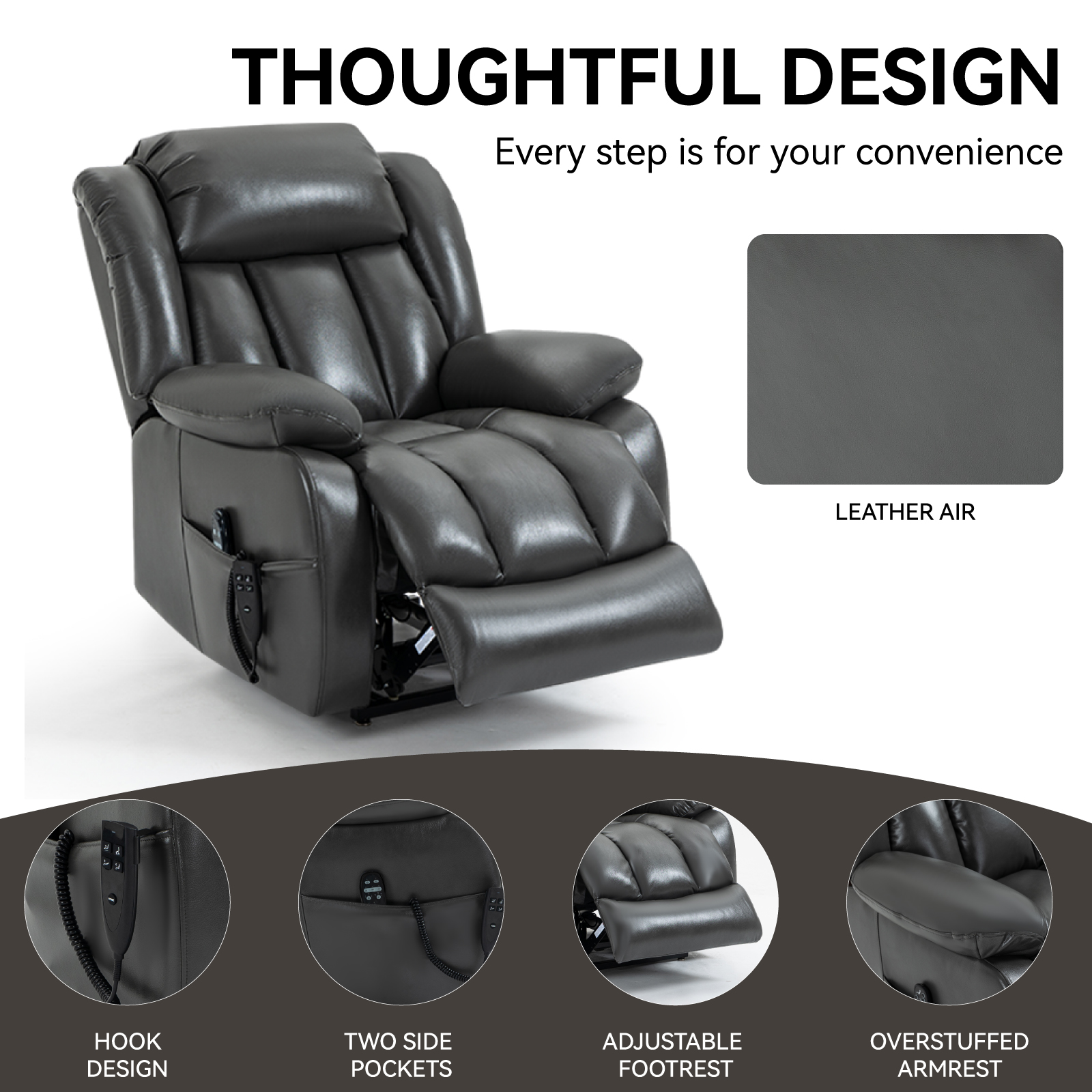 Dual Motor Infinite Position Up to 350 LBS Electric Medium size Brown/Gray/Black/Antique Brown Power Lift Recliner Chair with 8-Point Vibration Massage and Lumbar Heating