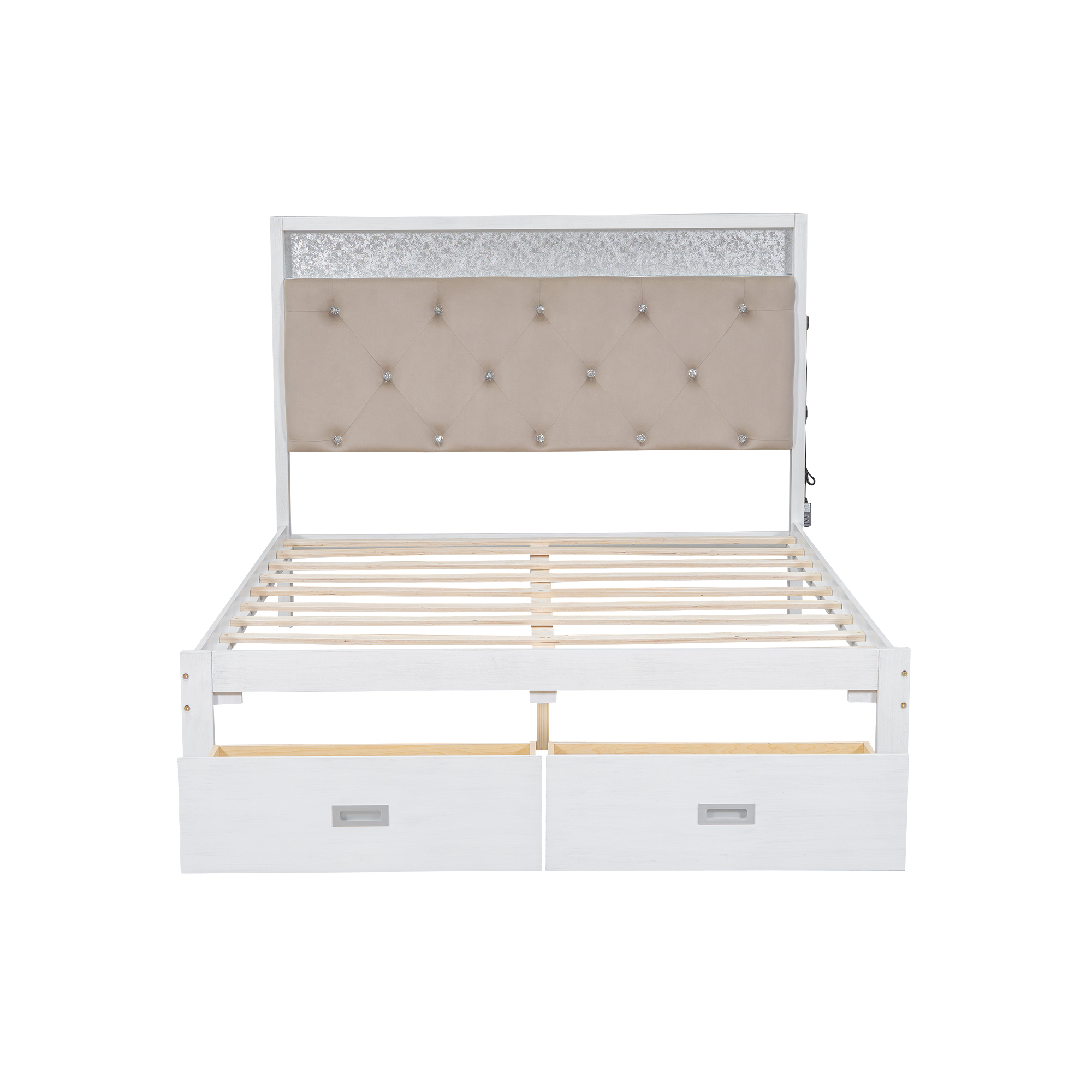Wood Queen/Full Size Platform Bed with Upholstered Headboard and LED and 2 Drawers, Antique White 