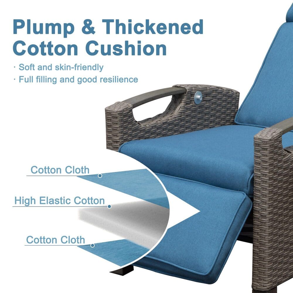 Outdoor Recliner Chair, Patio Recliner with Hand-Woven Wicker, Flip Table Push Back, Adjustable Angle, Thickness Cushions