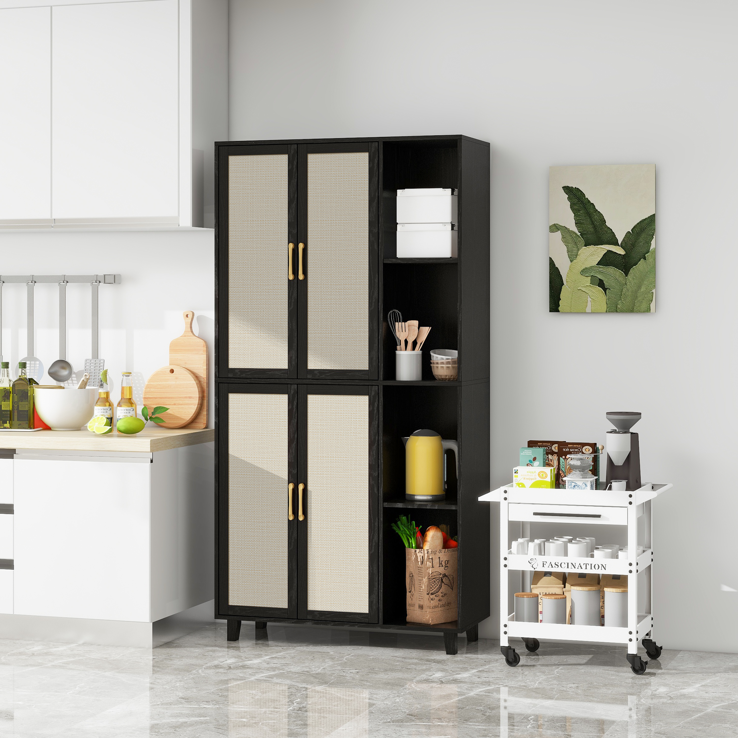 4 Door Cabinet with 4 Shelves with 4 Adjustable Inner Shelves, Storage Cabinet,  Black / Natural 