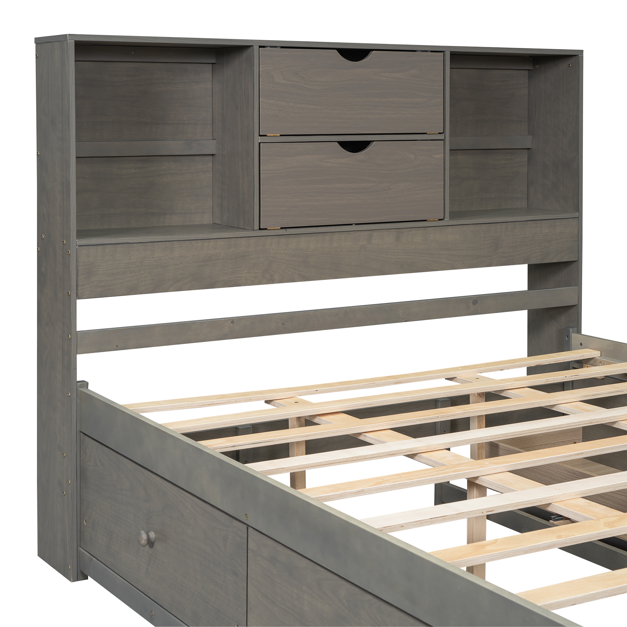 Queen/King Size Platform Bed with Storage Headboard and 8 Drawers, White/Gray
