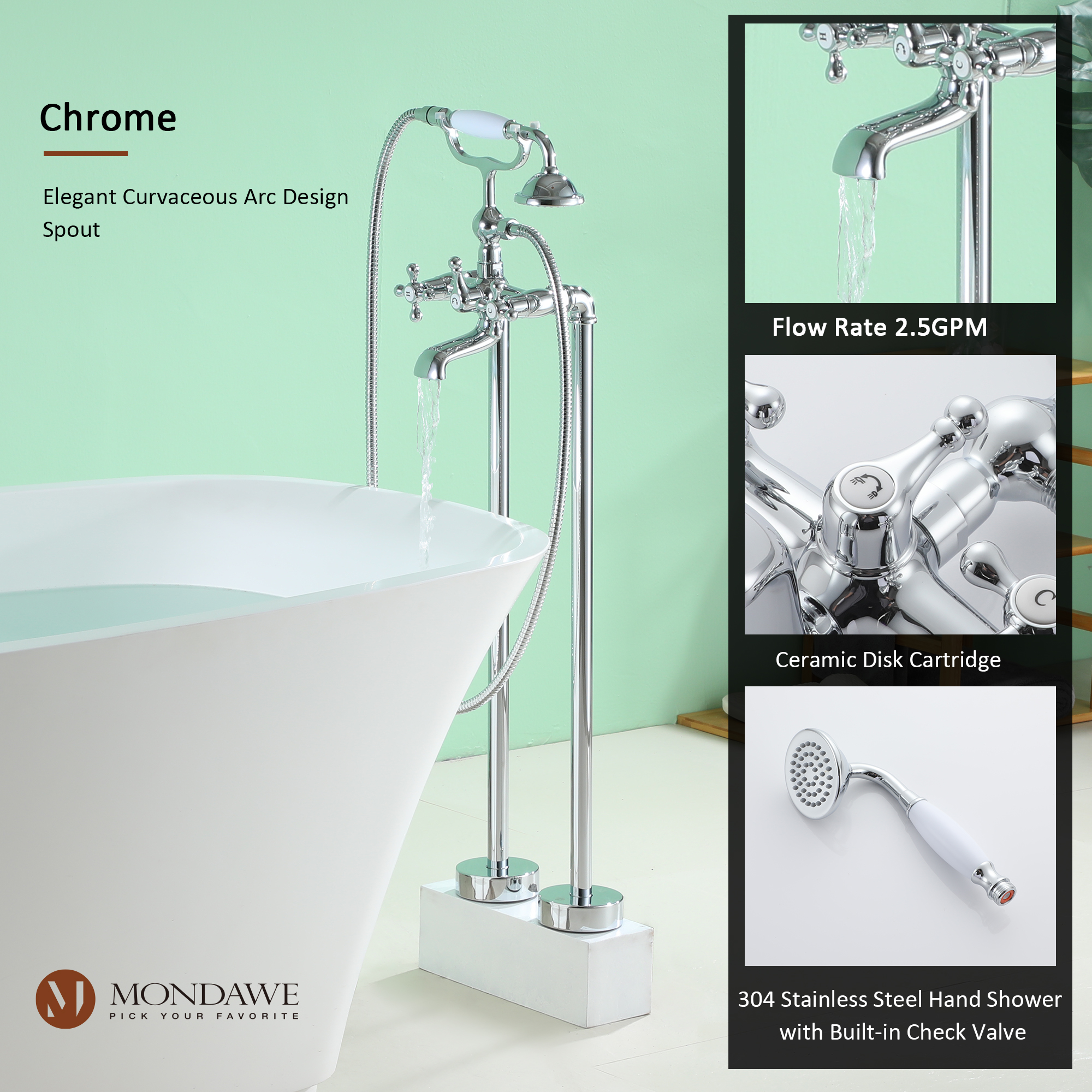 Mondawe 3-Handle Traditional Freestanding Bathtub Faucet（Chrome�?Mondawe