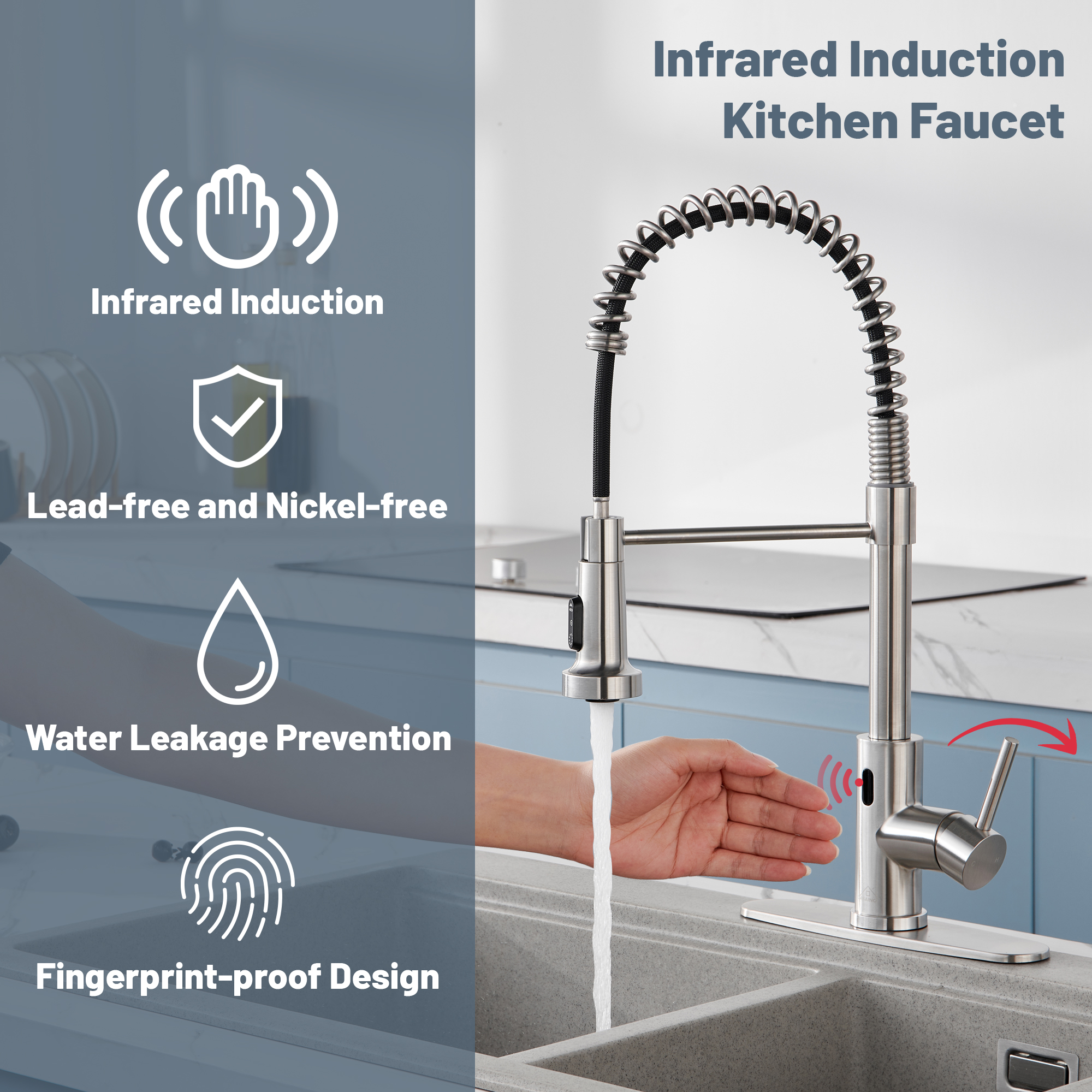 3-Mode Single Handle Pull-Down Sprayer Kitchen Faucet with Touchless Sensor and Includes Deckplate