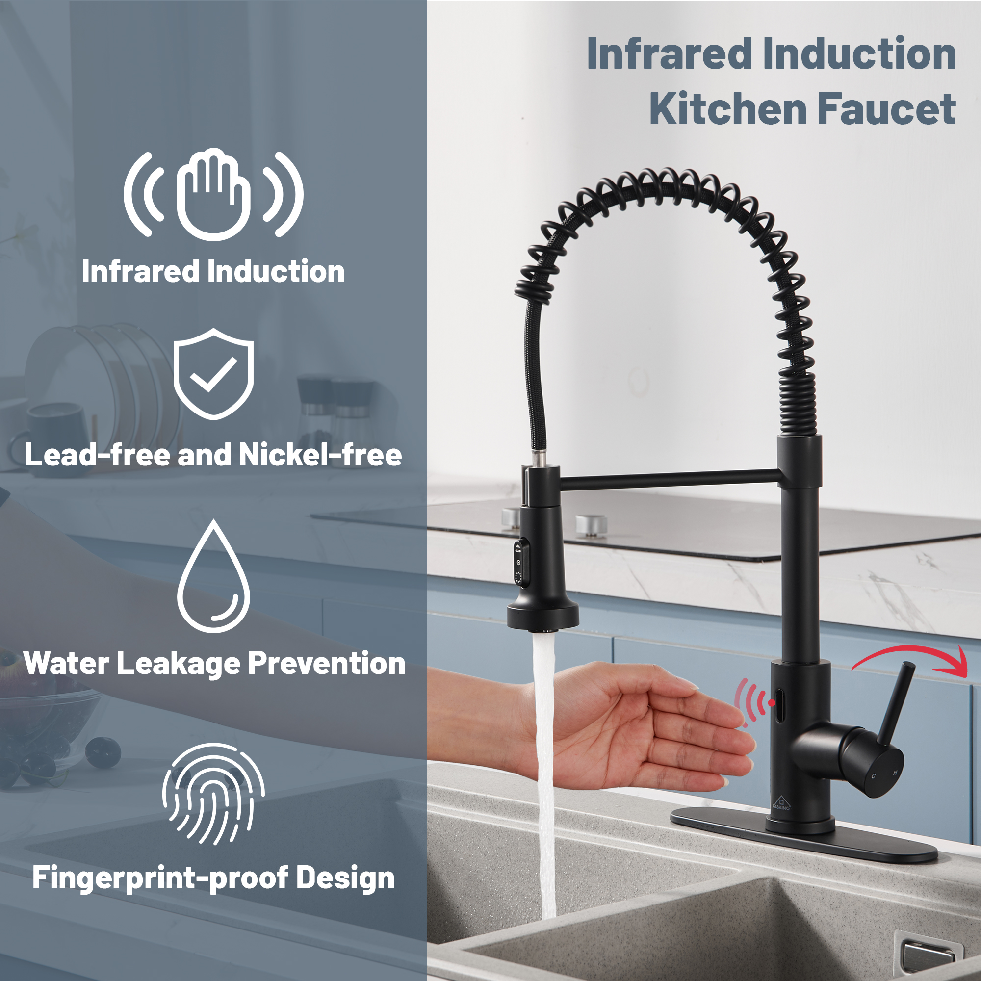 3-Mode Single Handle Pull-Down Sprayer Kitchen Faucet with Touchless Sensor and Includes Deckplate