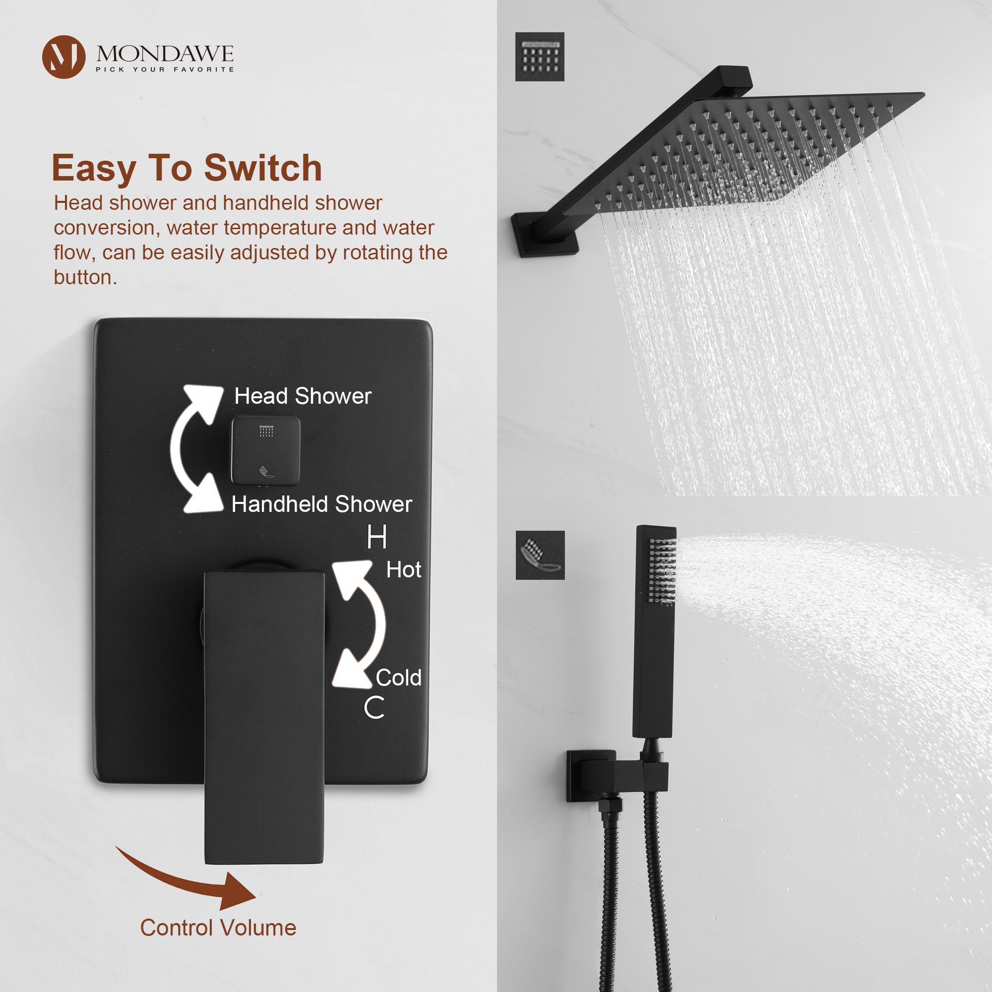 Matte Black 10-in Built-In Shower Faucet System with 2-way Diverter