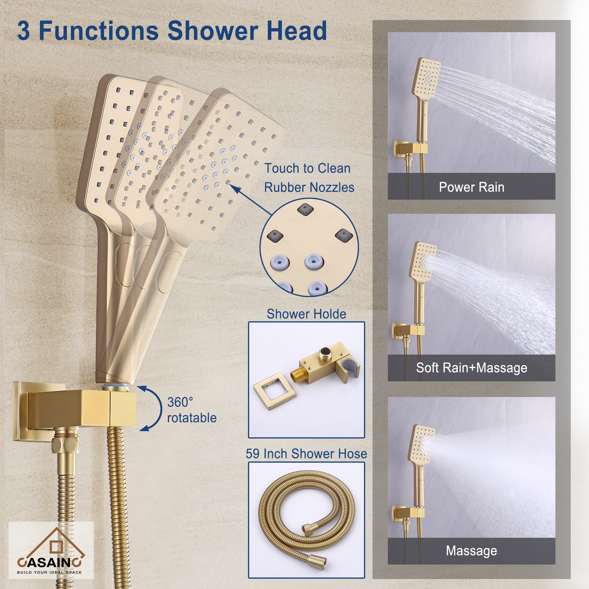 3-Spray Pattern 10 in. Wall Mount Shower System Shower Head and Functional Handheld, Brushed Gold