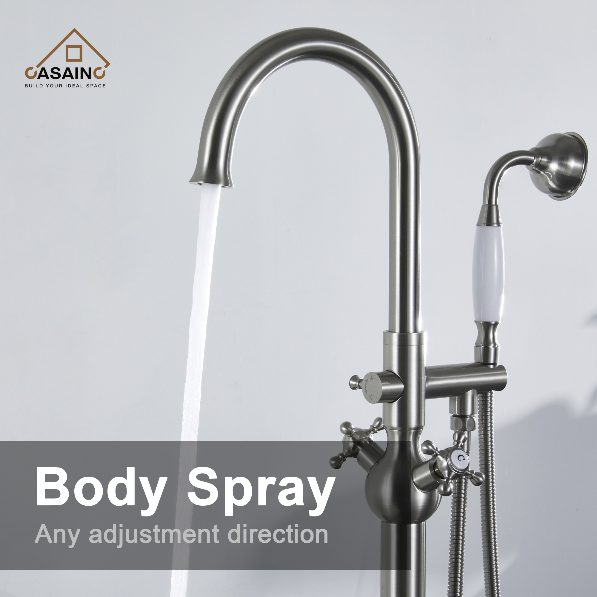 Vintage 2-Handle Floor-Mount Buthtub Freestanding Roman Tub Faucet in Brushed Brass