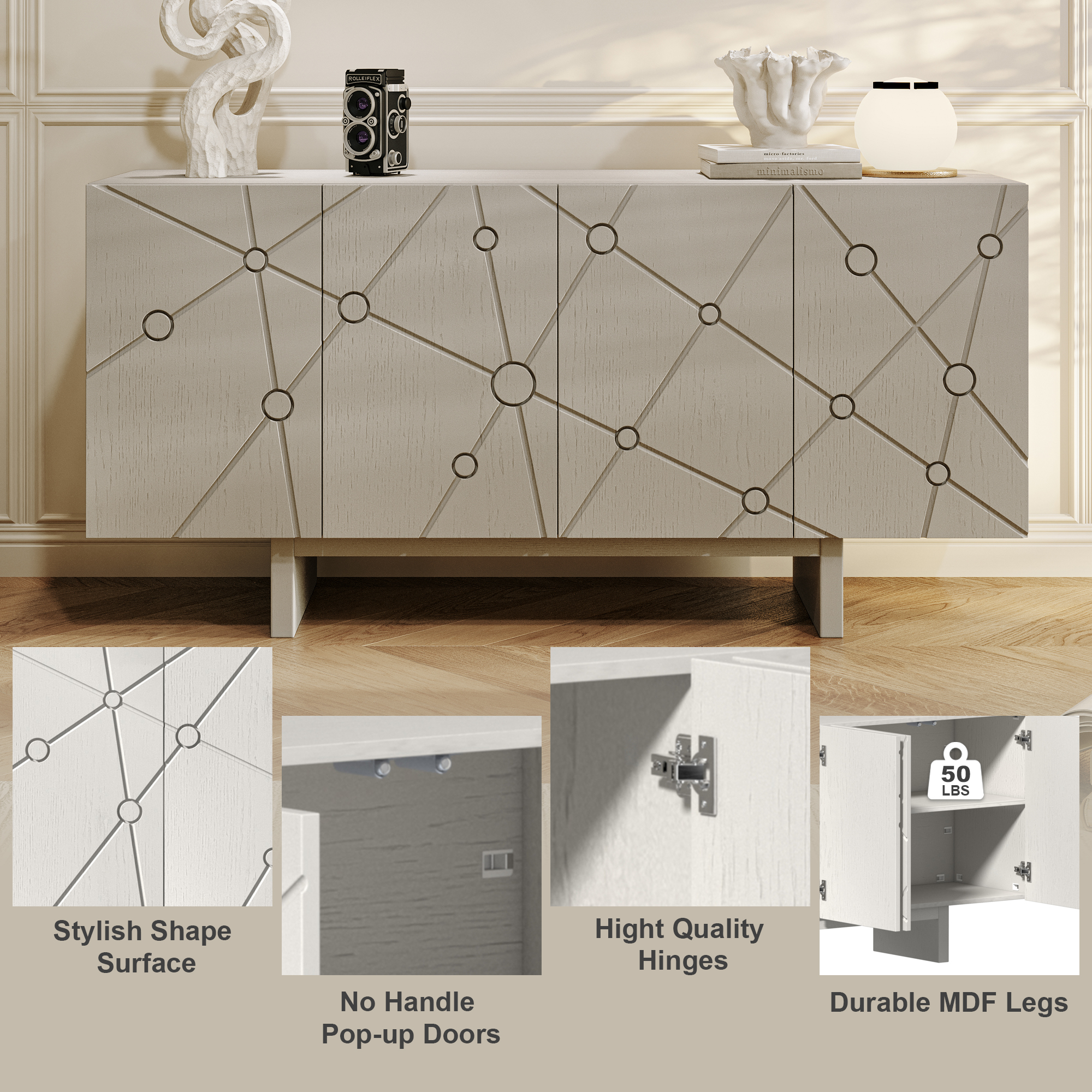 White/Brown 4-Door Modern Wood Grain Accent Storage Cabinet For Living Room, Foyer and Kitchen-Dining Room