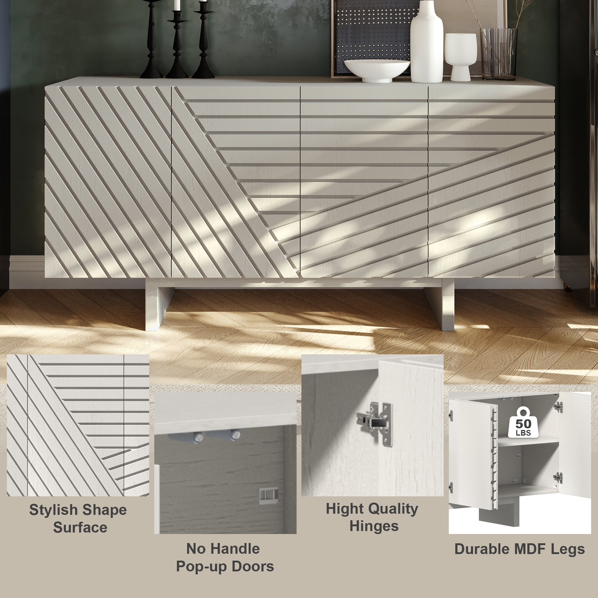 White/Brown MDF 4-Door 63 in. Wood Modern Grain Buffet Sideboard For Living Room, Foyer and Kitchen-Dining Room