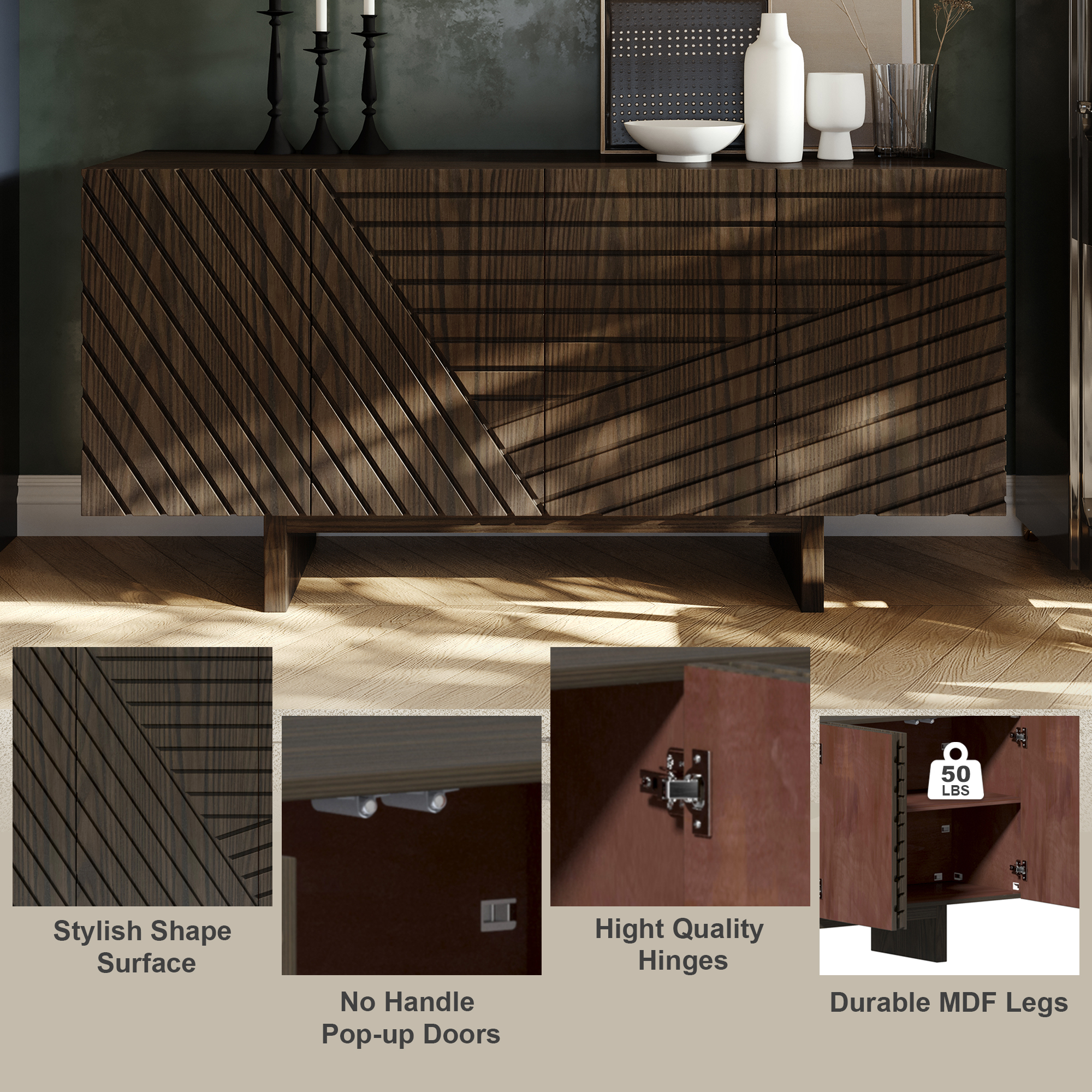 White/Brown MDF 4-Door 63 in. Wood Modern Grain Buffet Sideboard For Living Room, Foyer and Kitchen-Dining Room