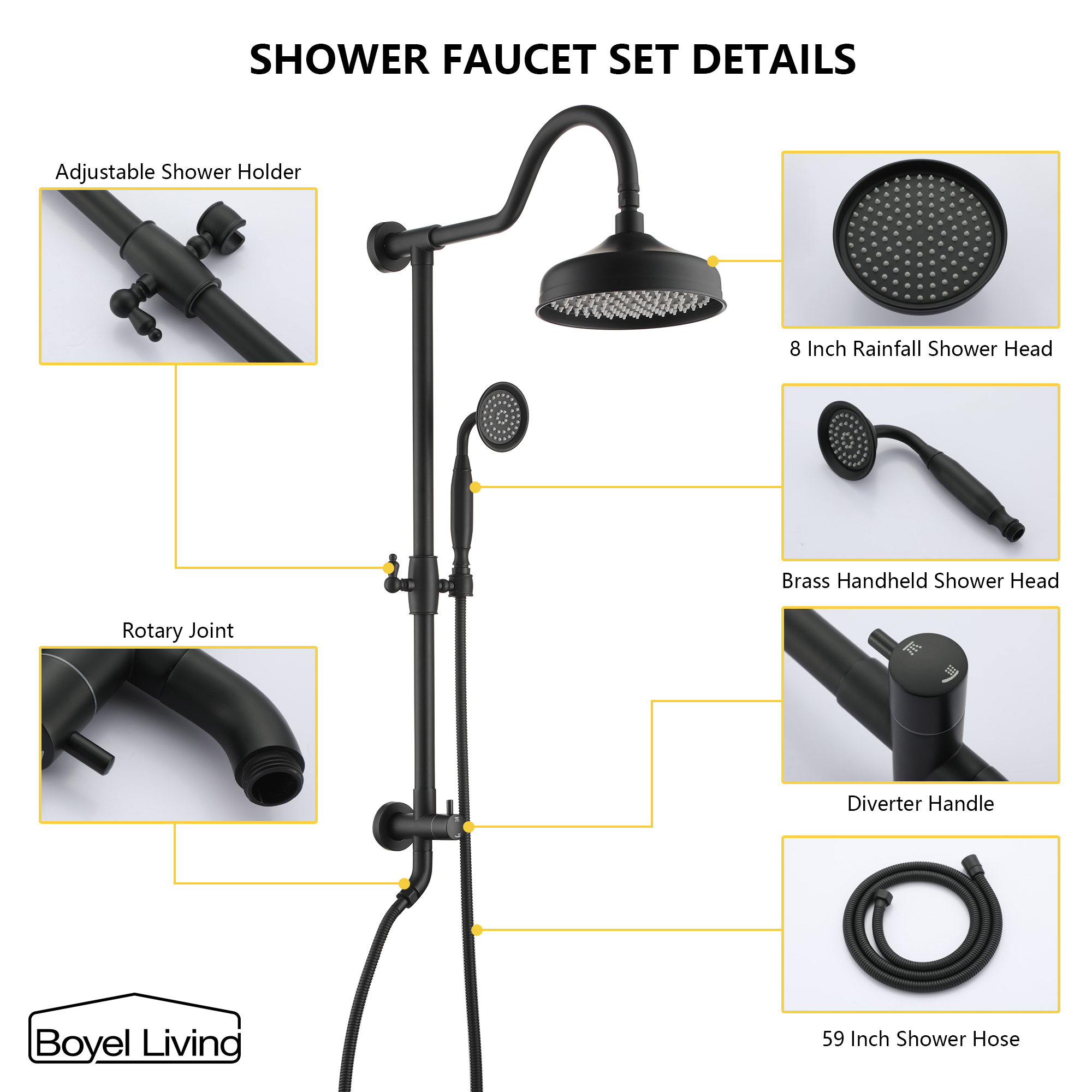 Boyel Living 8 in. Wall Mount Dual Shower Heads Rain Shower System with Hand Shower