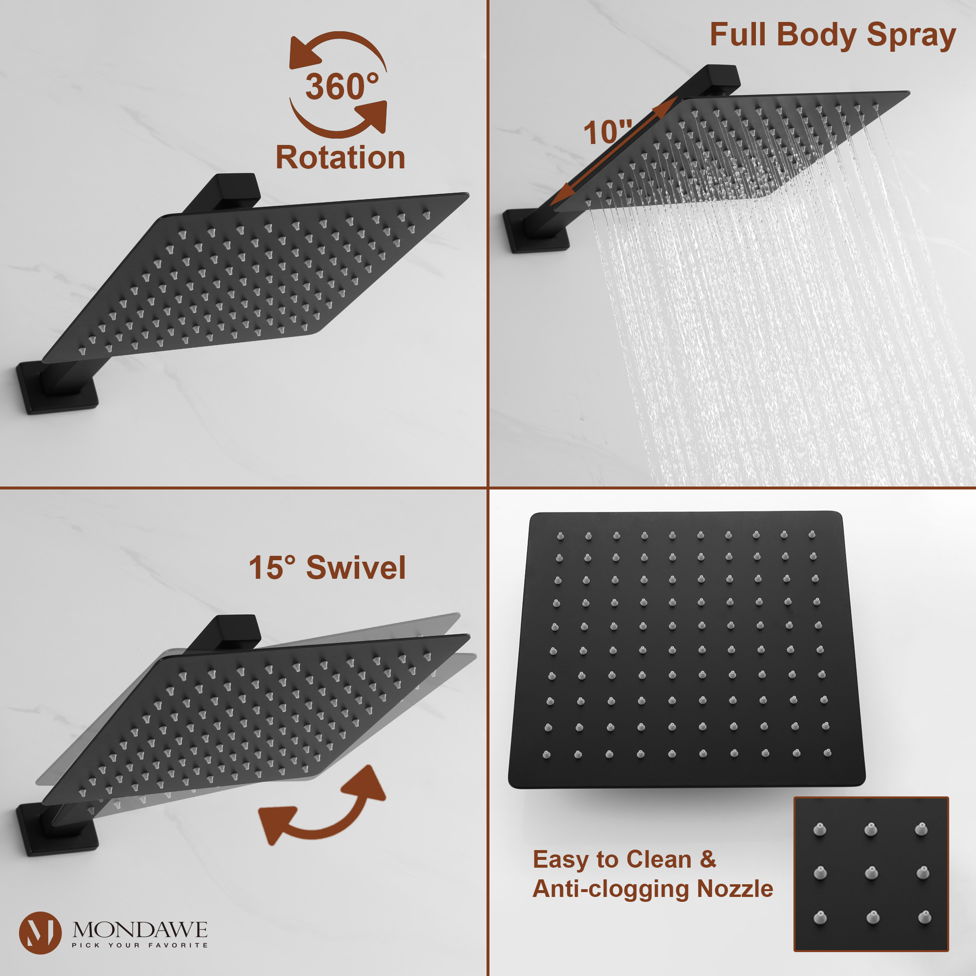 Matte Black 10-in Built-In Shower Faucet System with 2-way Diverter