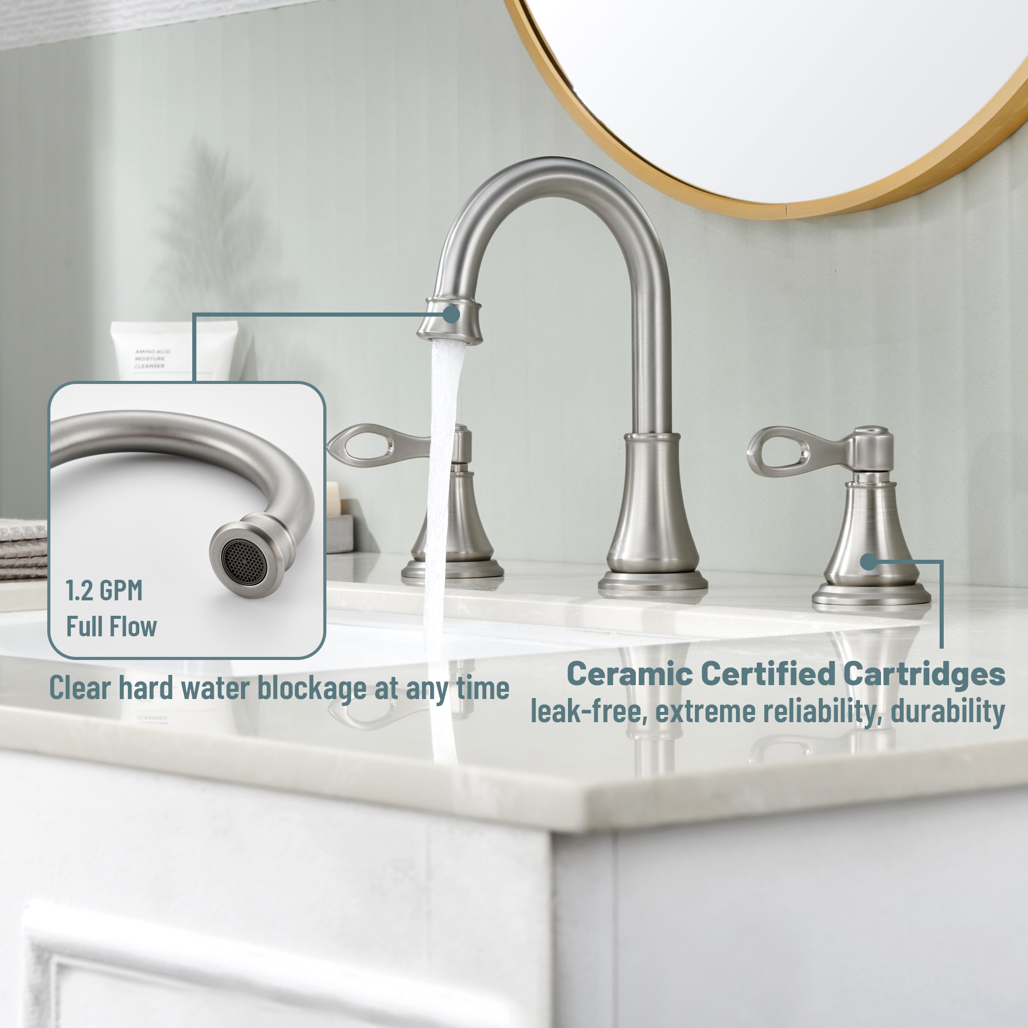 8 in. Widespread Double Handle Bathroom Faucet 3 Holes with 360° Swivel Spout, Stainless Steel Drain in Brushed Nickel/Oil Rubbed Bronze/Brushed Gold/Matte Black