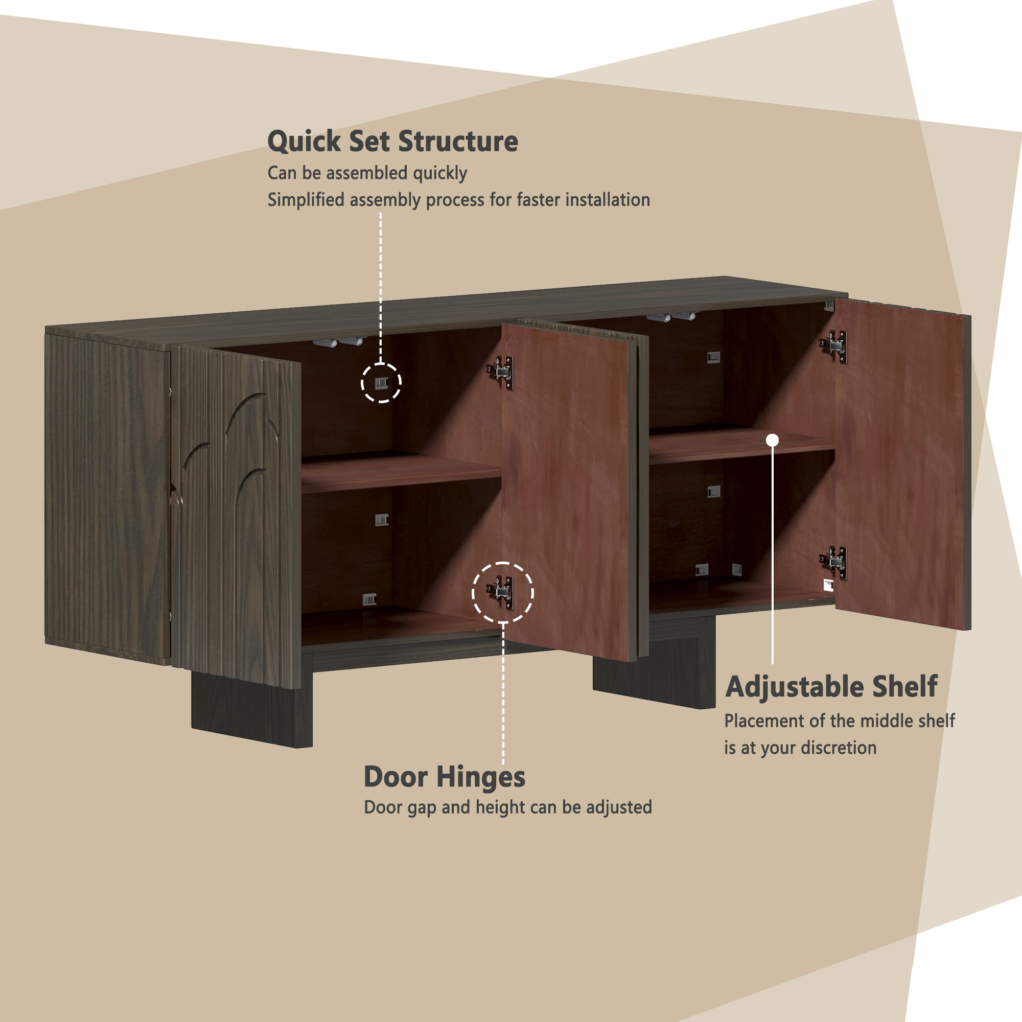 White/Brown MDF 4-Door 63 in. Wood Grain Buffet Sideboard For Living Room, Foyer and Kitchen-Dining Room