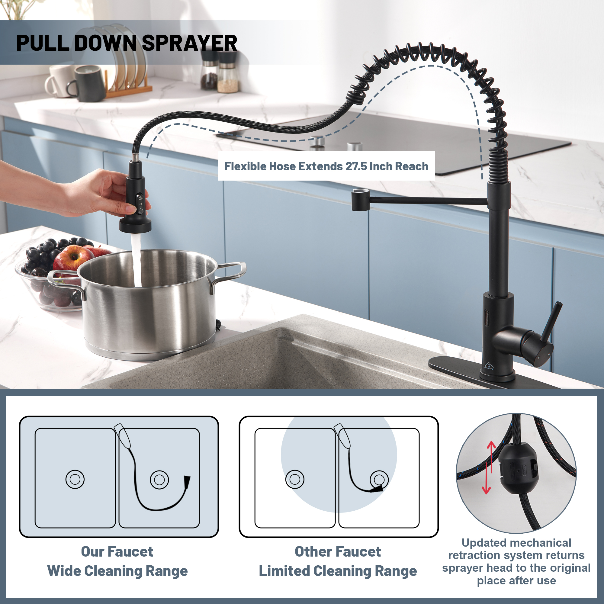 3-Mode Single Handle Pull-Down Sprayer Kitchen Faucet with Touchless Sensor and Includes Deckplate